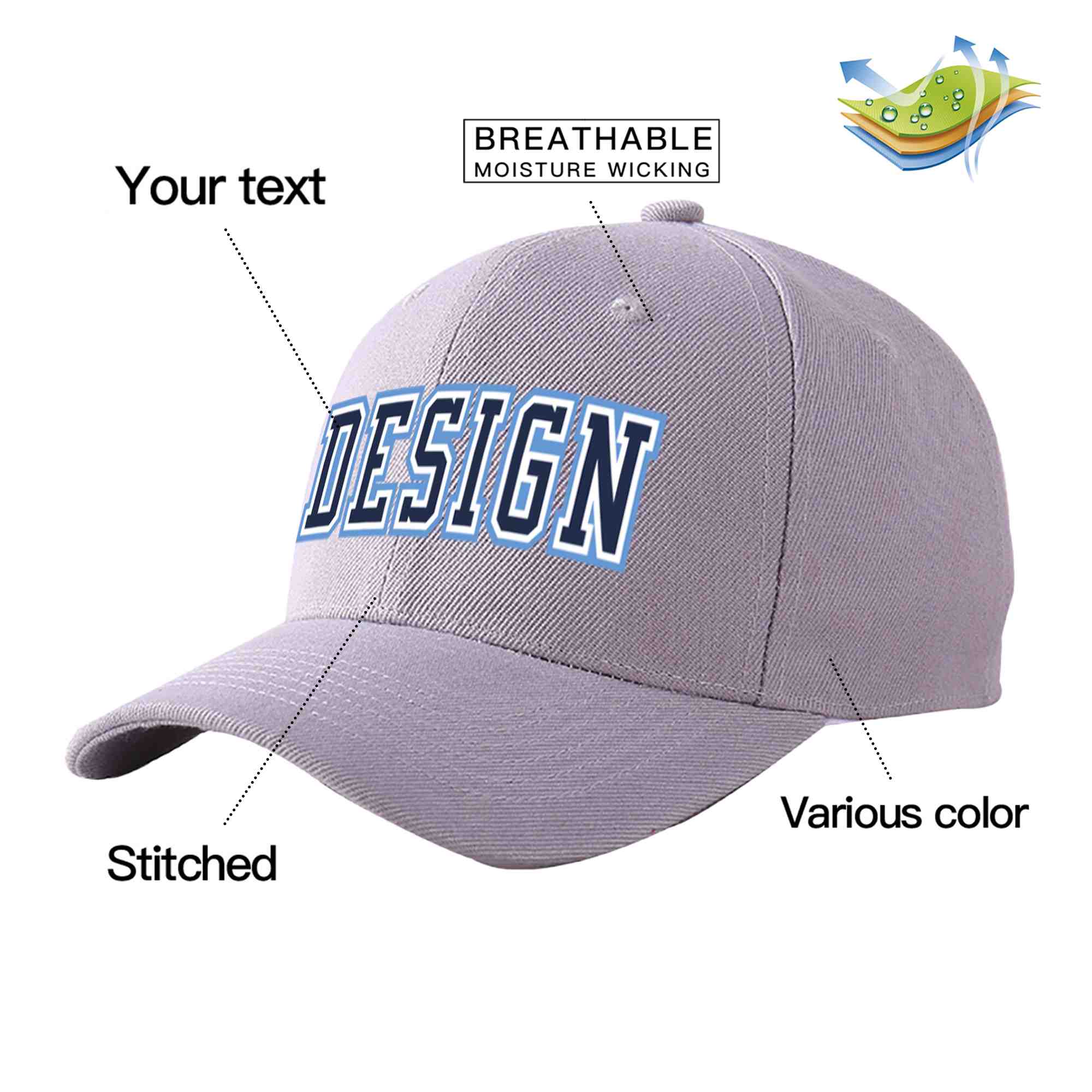 Custom Gray Navy-White Curved Eaves Sport Design Baseball Cap