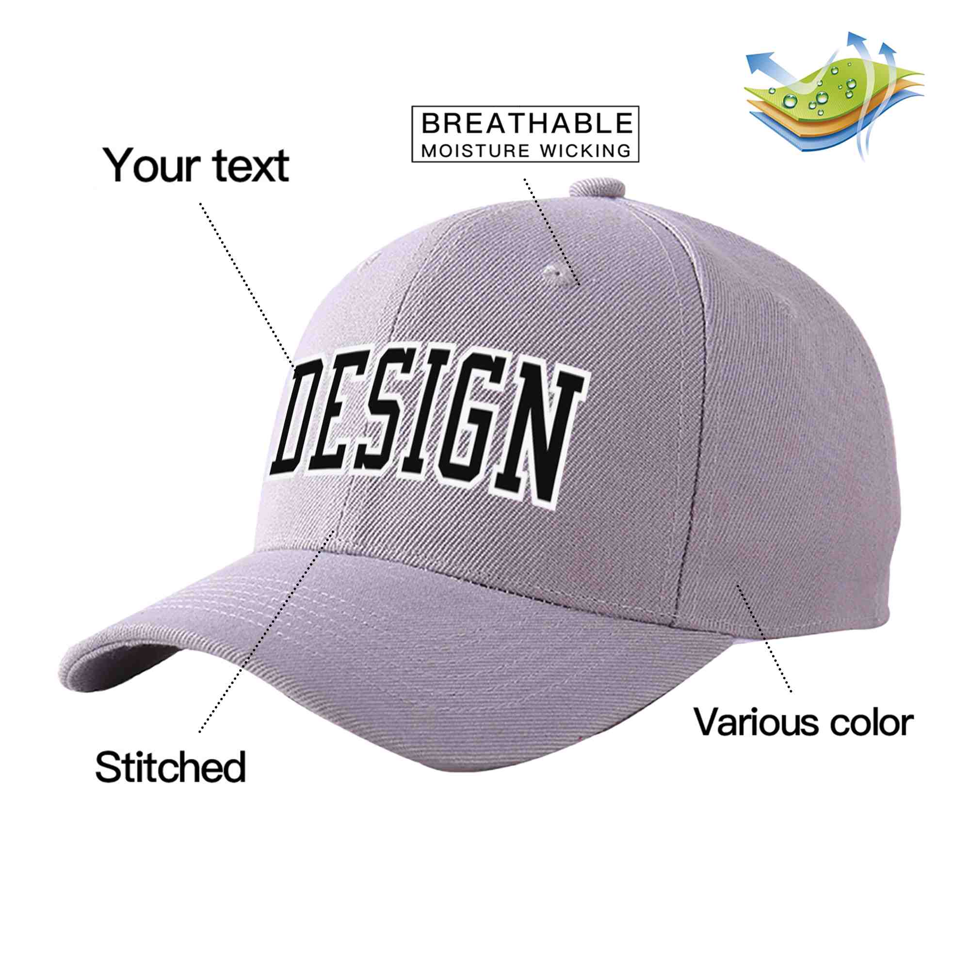 Custom Gray Black-White Curved Eaves Sport Design Baseball Cap