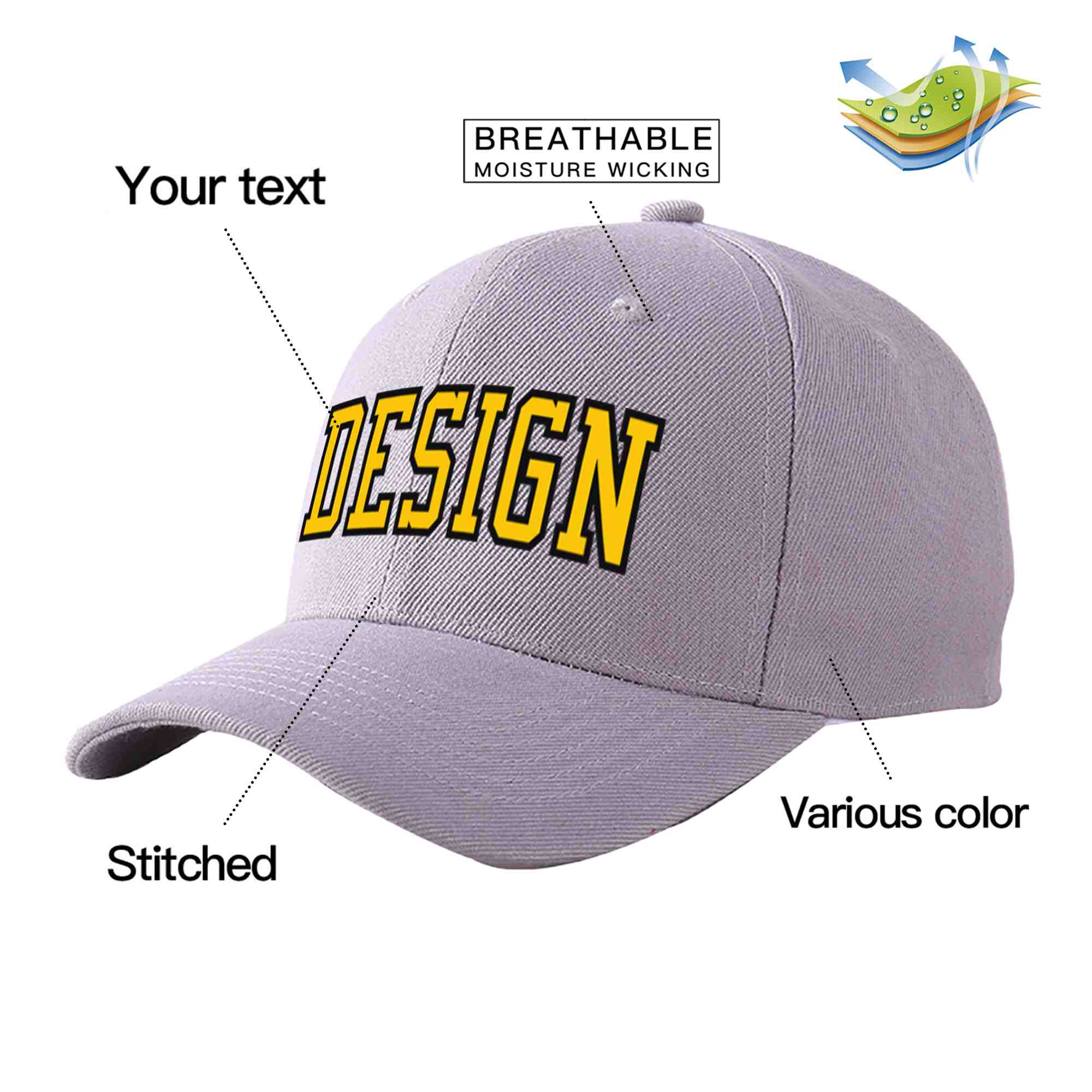 Custom Gray Gold-Black Curved Eaves Sport Design Baseball Cap