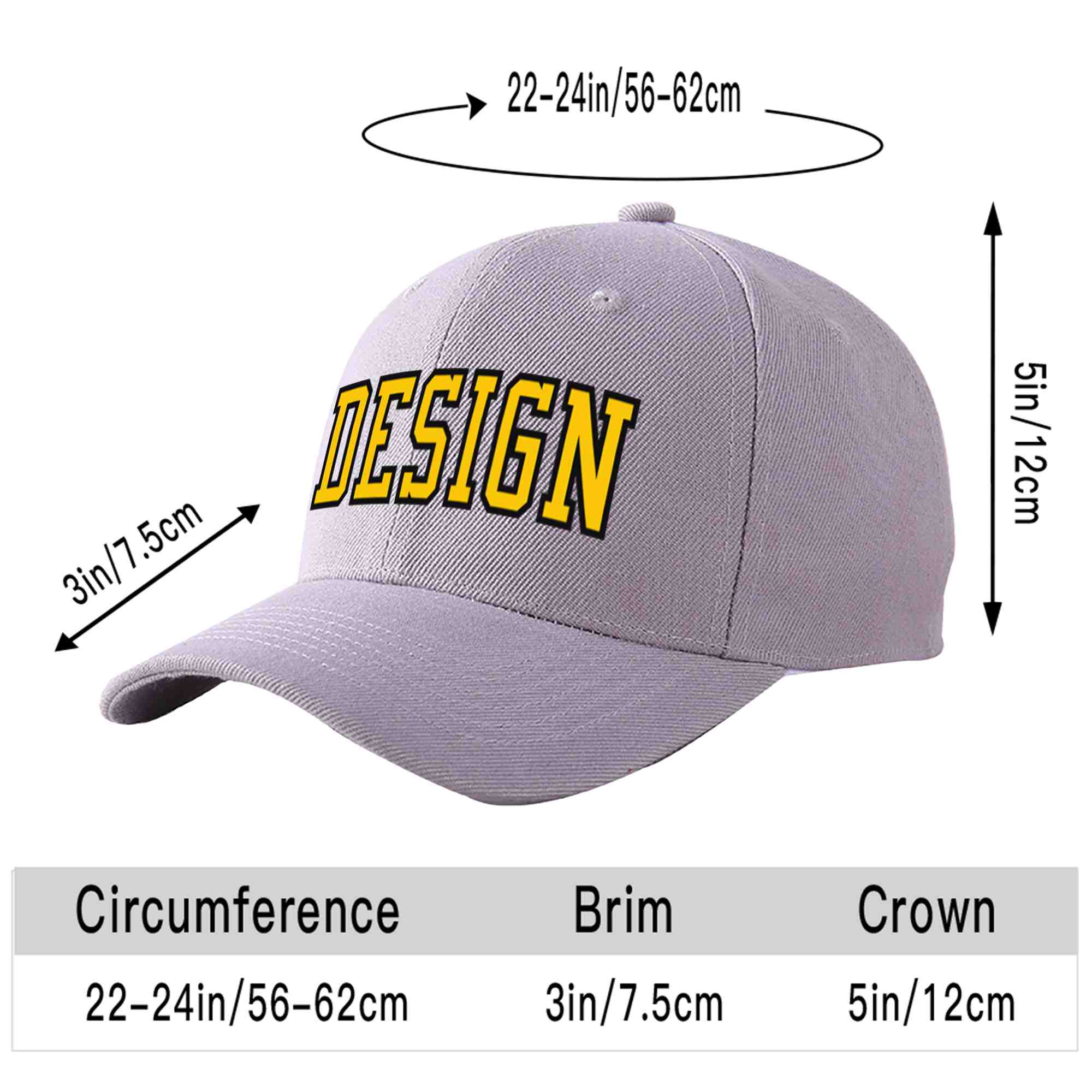 Custom Gray Gold-Black Curved Eaves Sport Design Baseball Cap