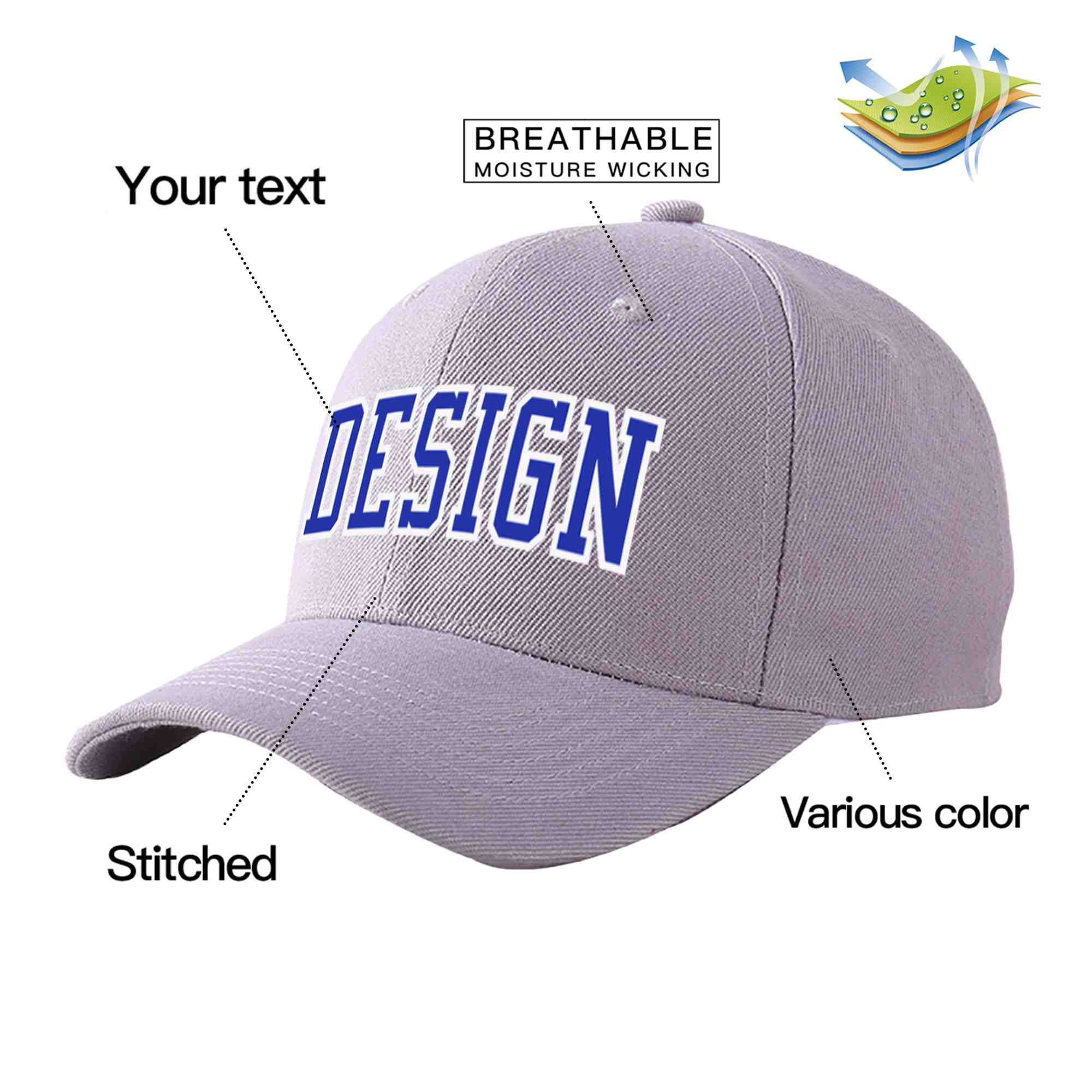 Casquette de baseball personnalisée gris royal-blanc courbé Eaves Sport Design