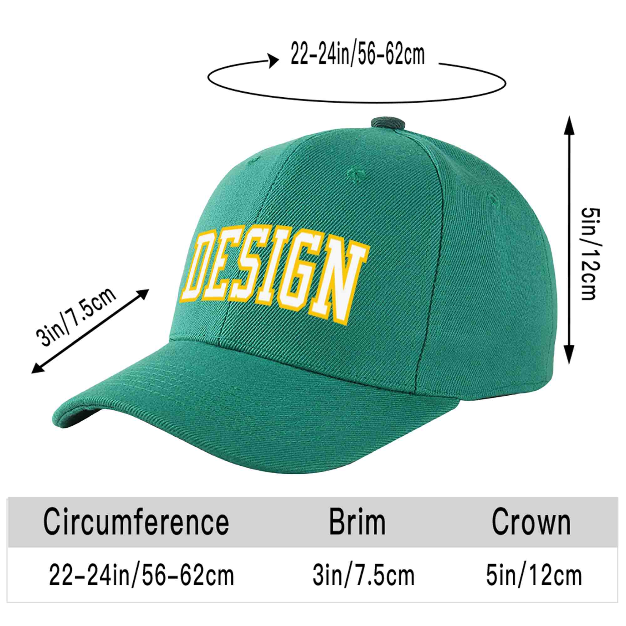 Casquette de baseball incurvée personnalisée vert clair blanc-or avec avant-toit