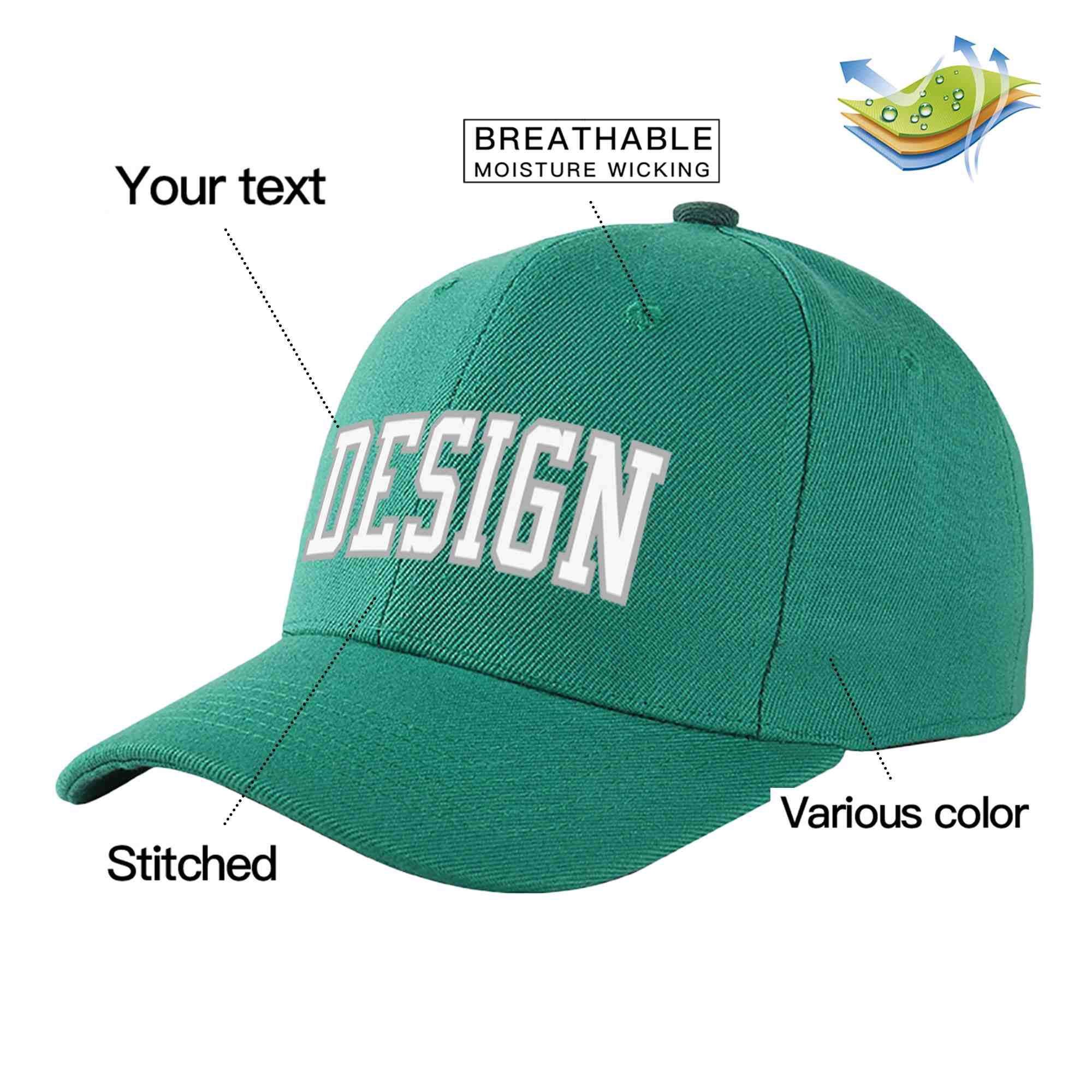 Casquette de baseball incurvée personnalisée vert clair gris-blanc avec avant-toit