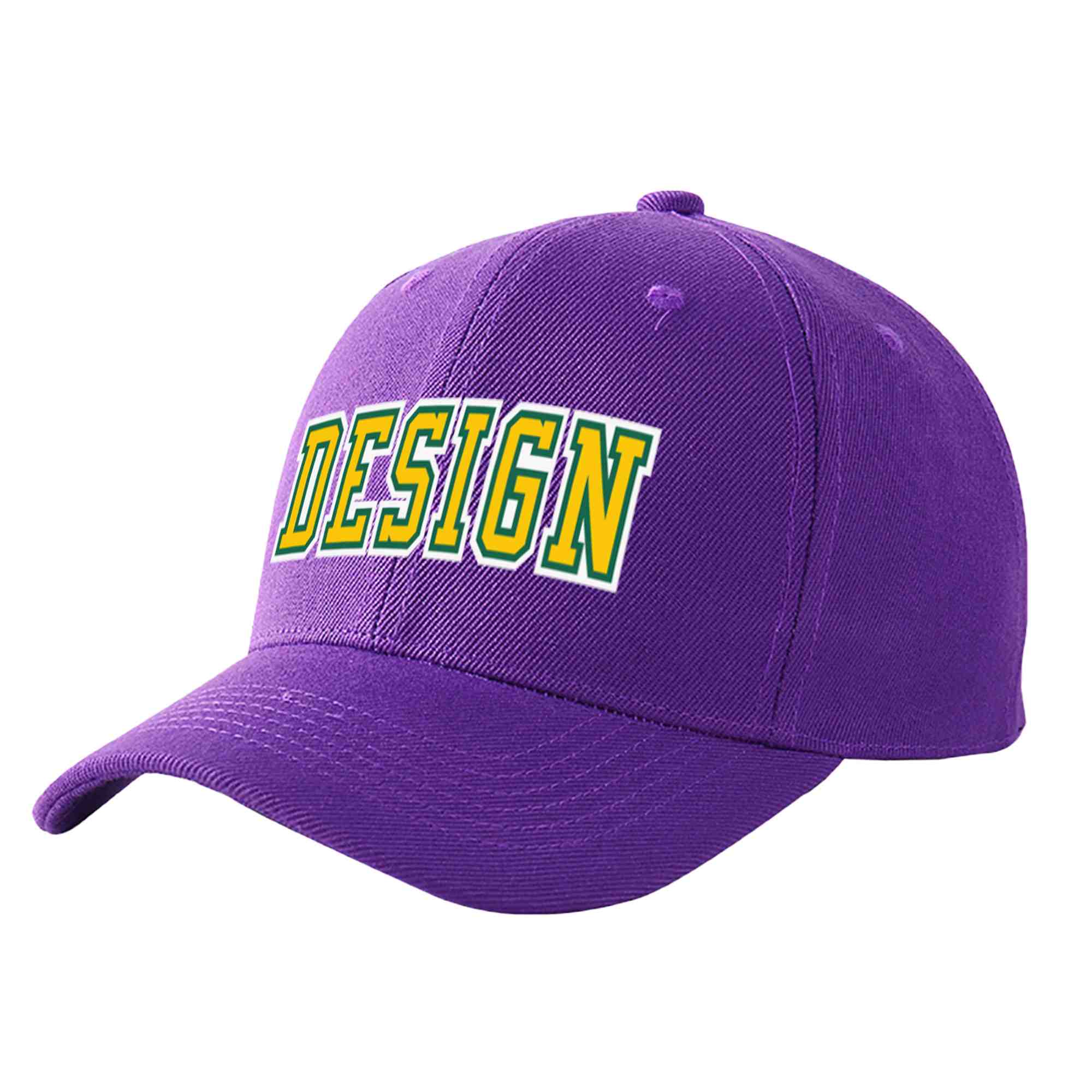 Casquette de baseball personnalisée avec avant-toit incurvé violet doré et vert Kelly