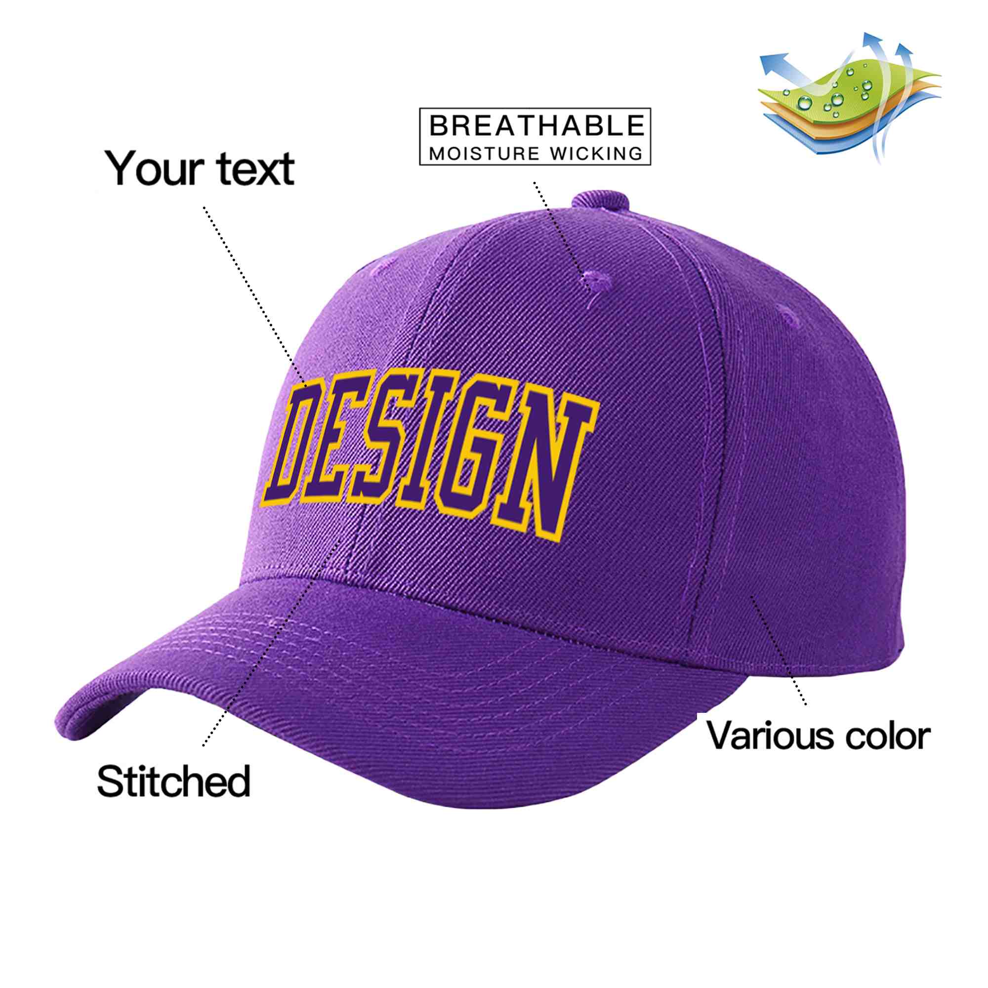 Casquette de baseball personnalisée violet violet-or courbée Eaves Sport Design