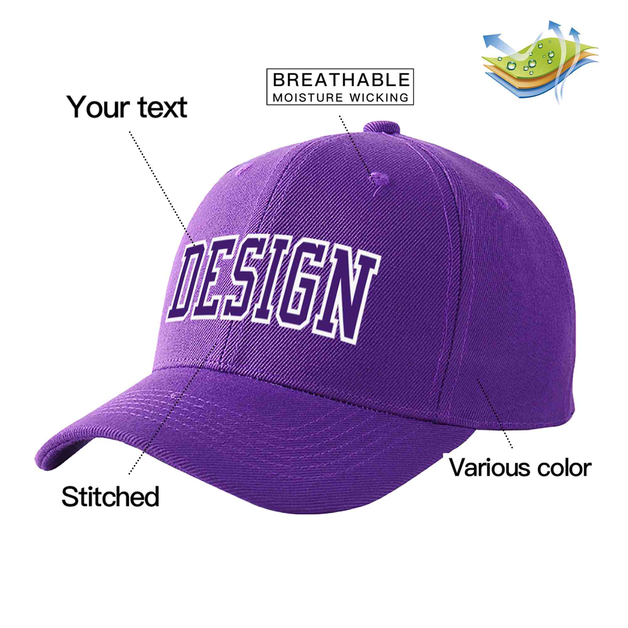 Casquette de baseball personnalisée, violet, violet, blanc, courbée, design sportif