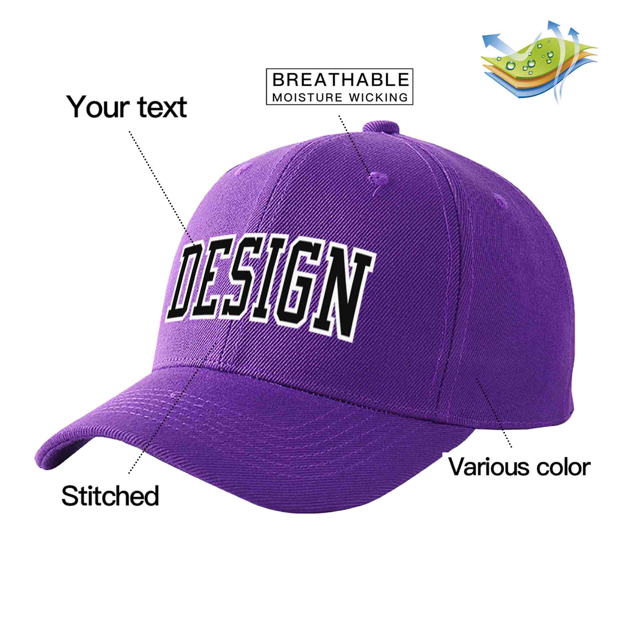 Custom Purple Black-White Curved Eaves Sport Design Baseball Cap