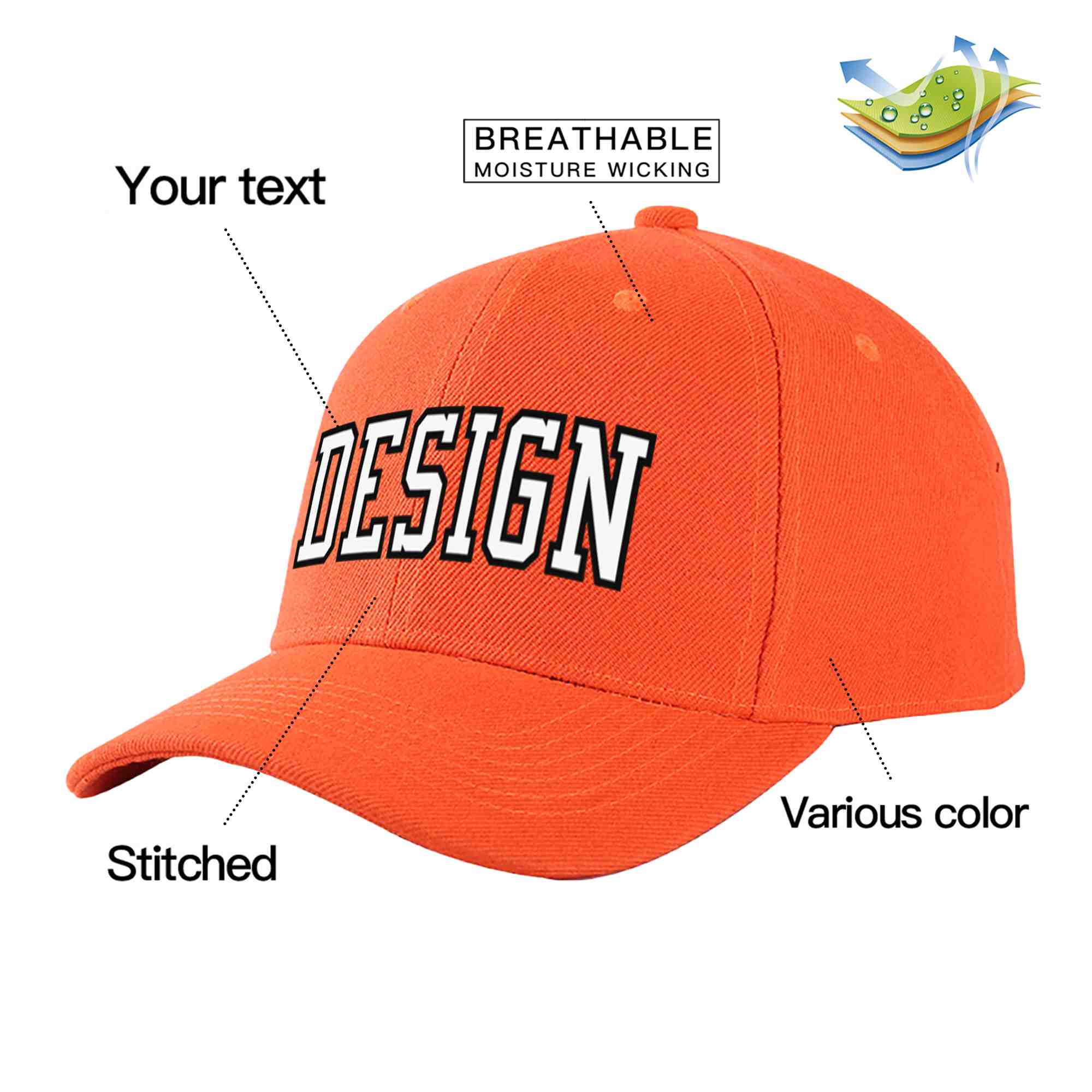 Casquette de baseball personnalisée Tangerine blanc-noir incurvée Eaves Sport Design