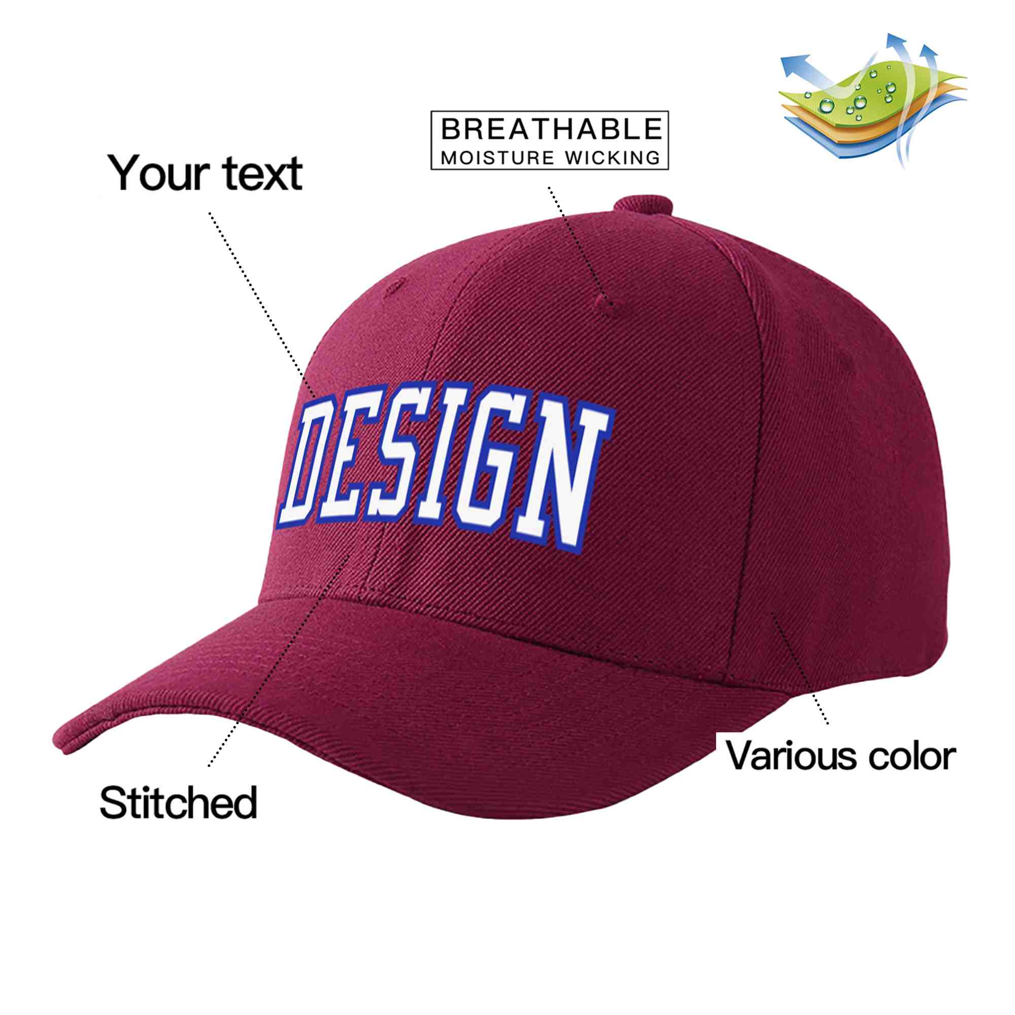 Casquette de baseball personnalisée, vin rouge, blanc-royal, courbée, design sportif