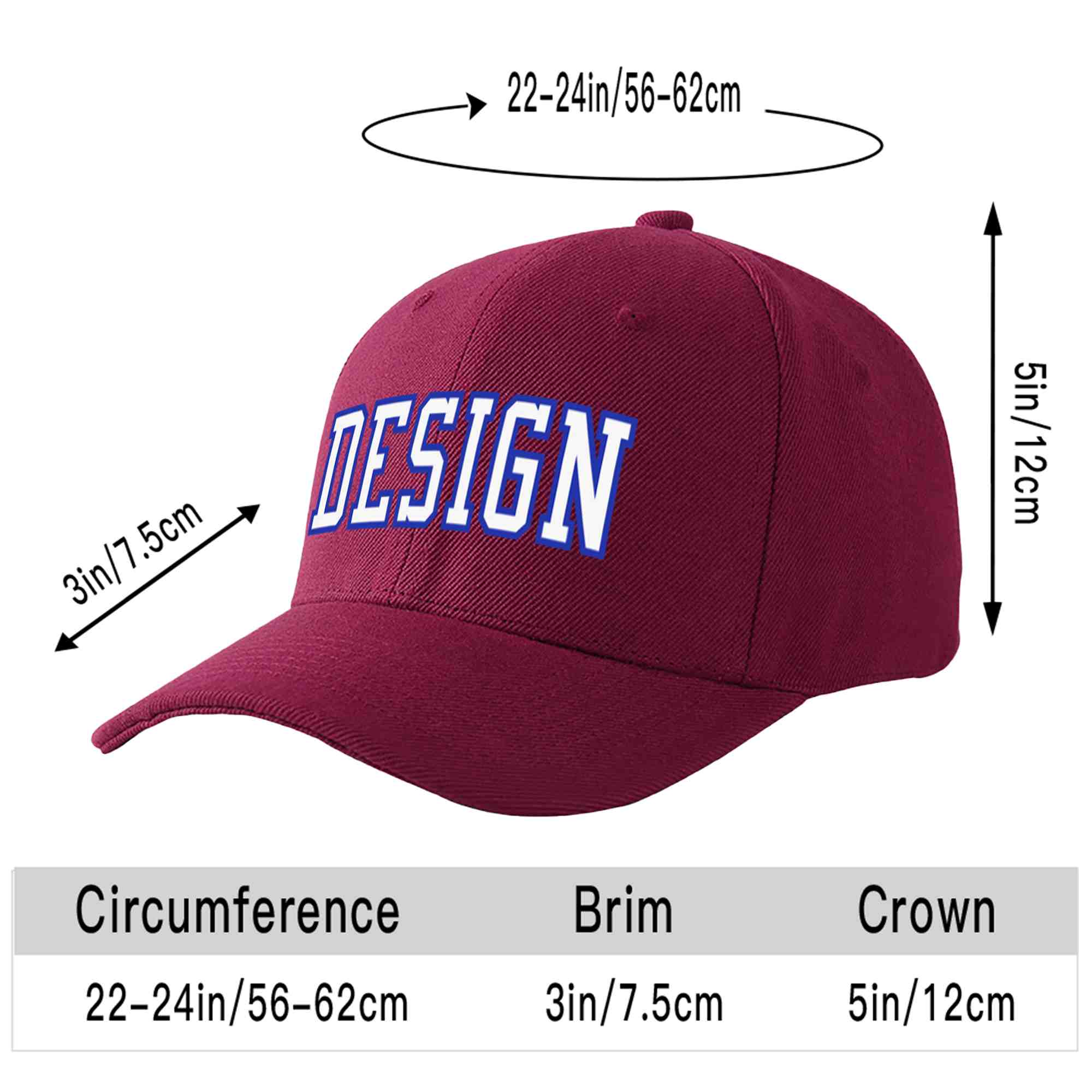 Casquette de baseball personnalisée, vin rouge, blanc-royal, courbée, design sportif