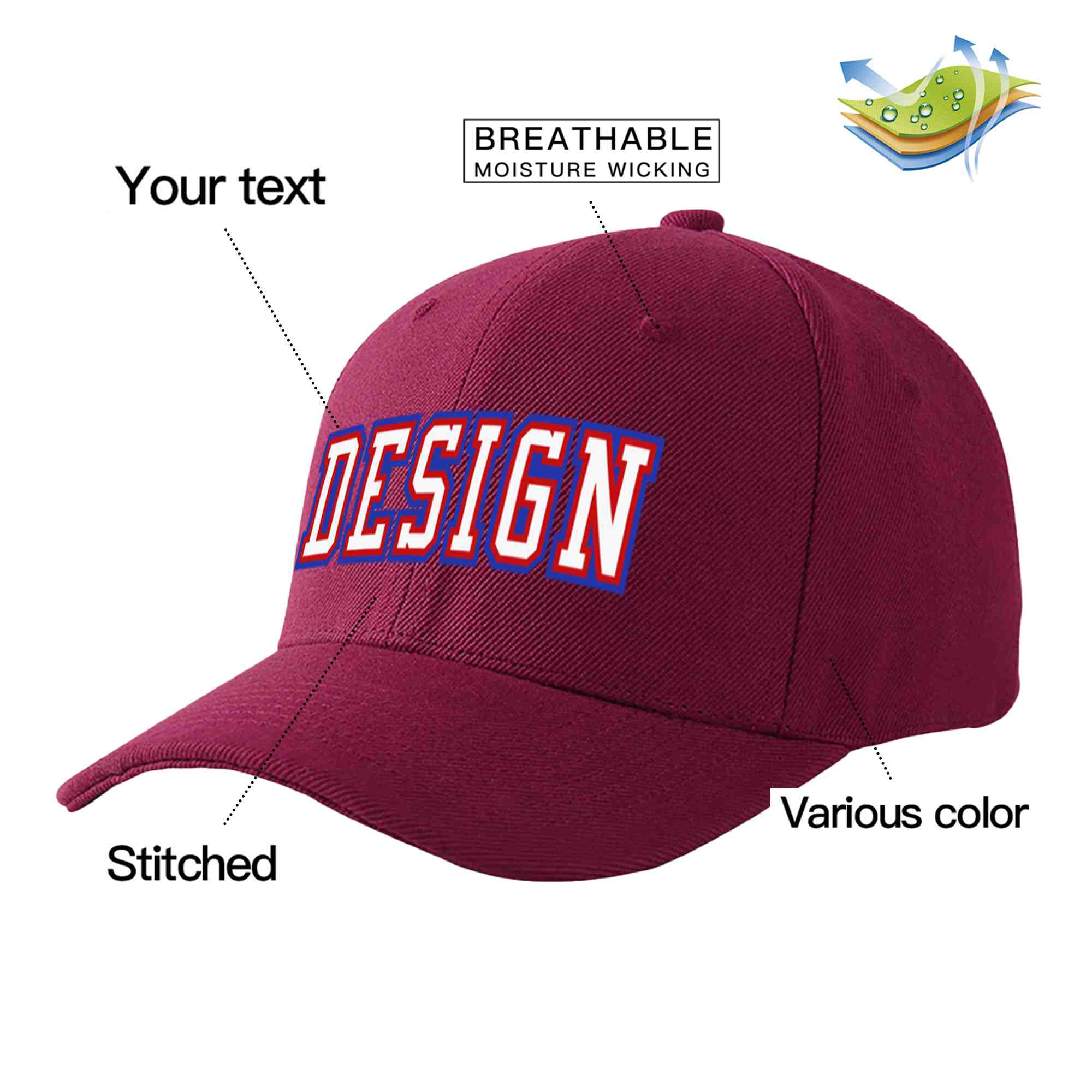 Casquette de baseball de conception de sport d'avant-toit incurvé blanc-rouge de vin rouge personnalisé