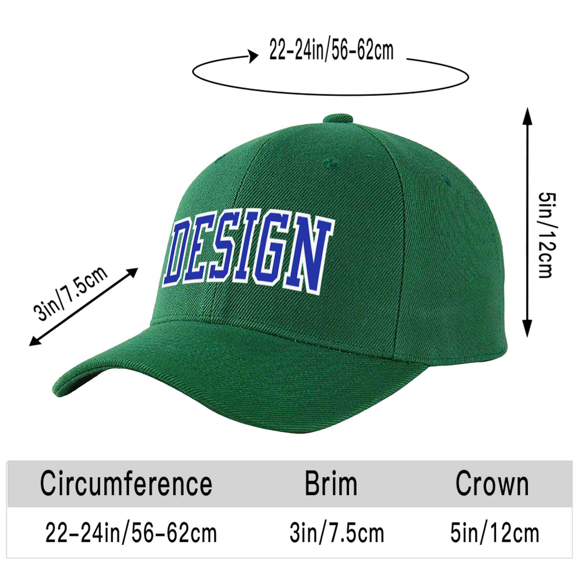 Custom Green Royal-White Curved Eaves Sport Design Baseball Cap