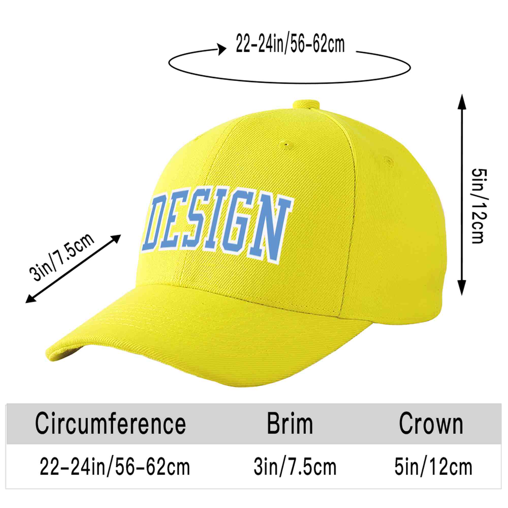 Casquette de baseball incurvée personnalisée jaune bleu clair-blanc avec avant-toit