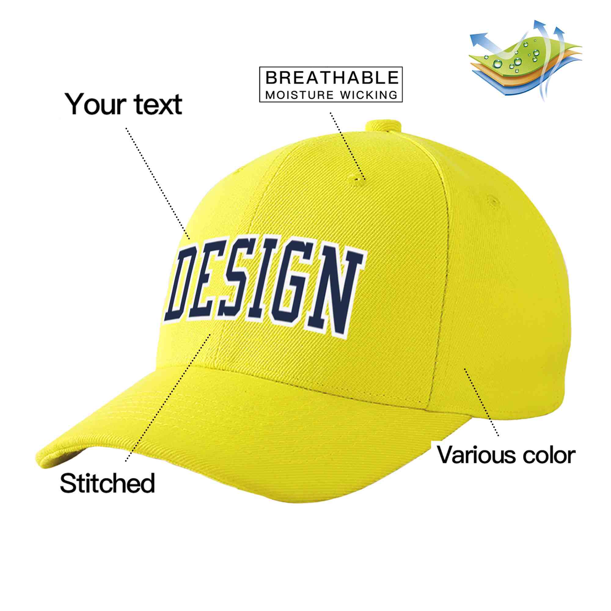 Casquette de baseball personnalisée jaune marine-blanc avec avant-toit incurvé