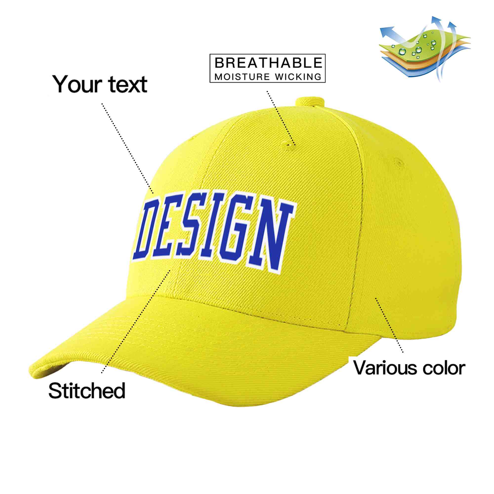 Casquette de baseball personnalisée jaune blanc-royal incurvée Eaves Sport Design