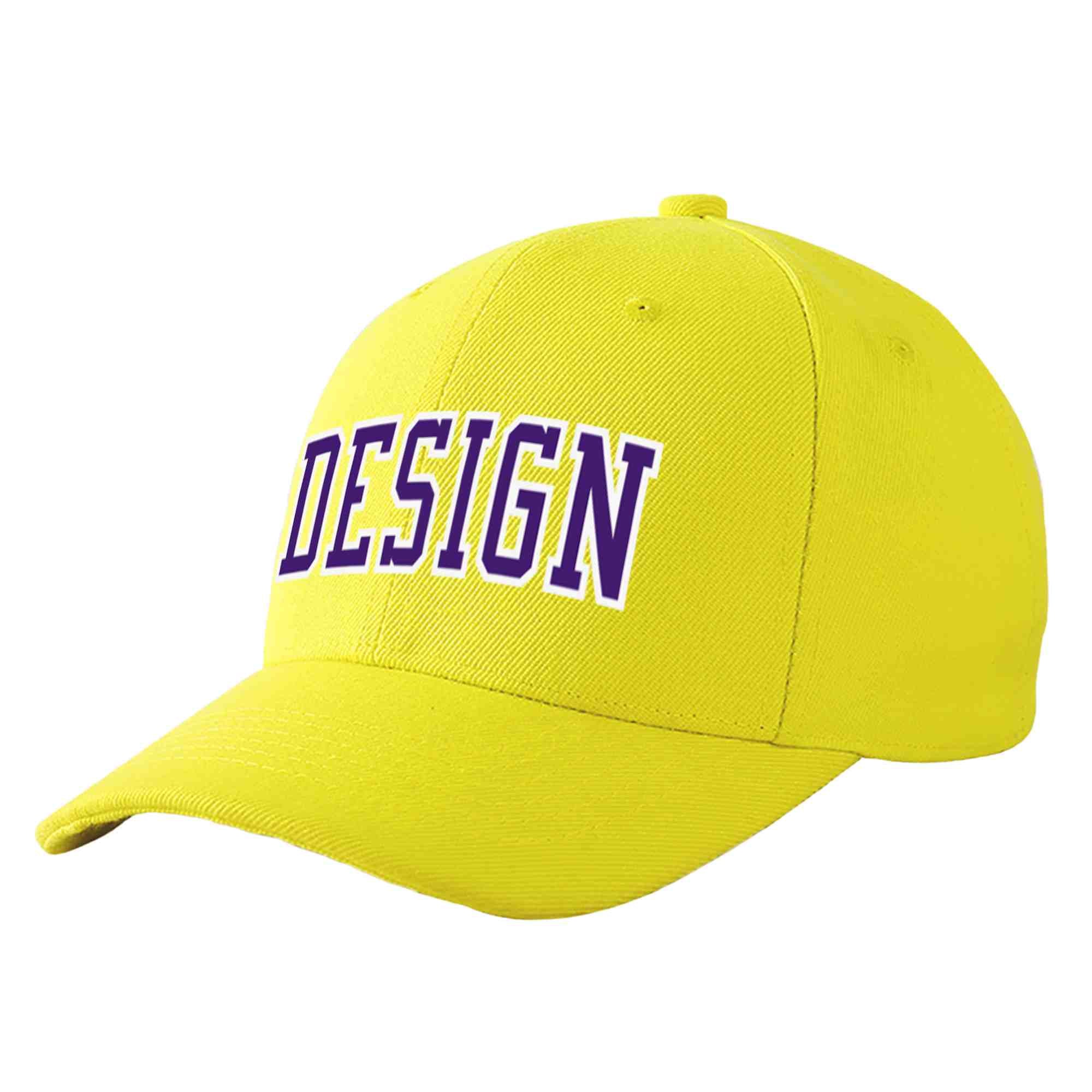 Casquette de baseball incurvée personnalisée jaune violet-blanc avec avant-toit