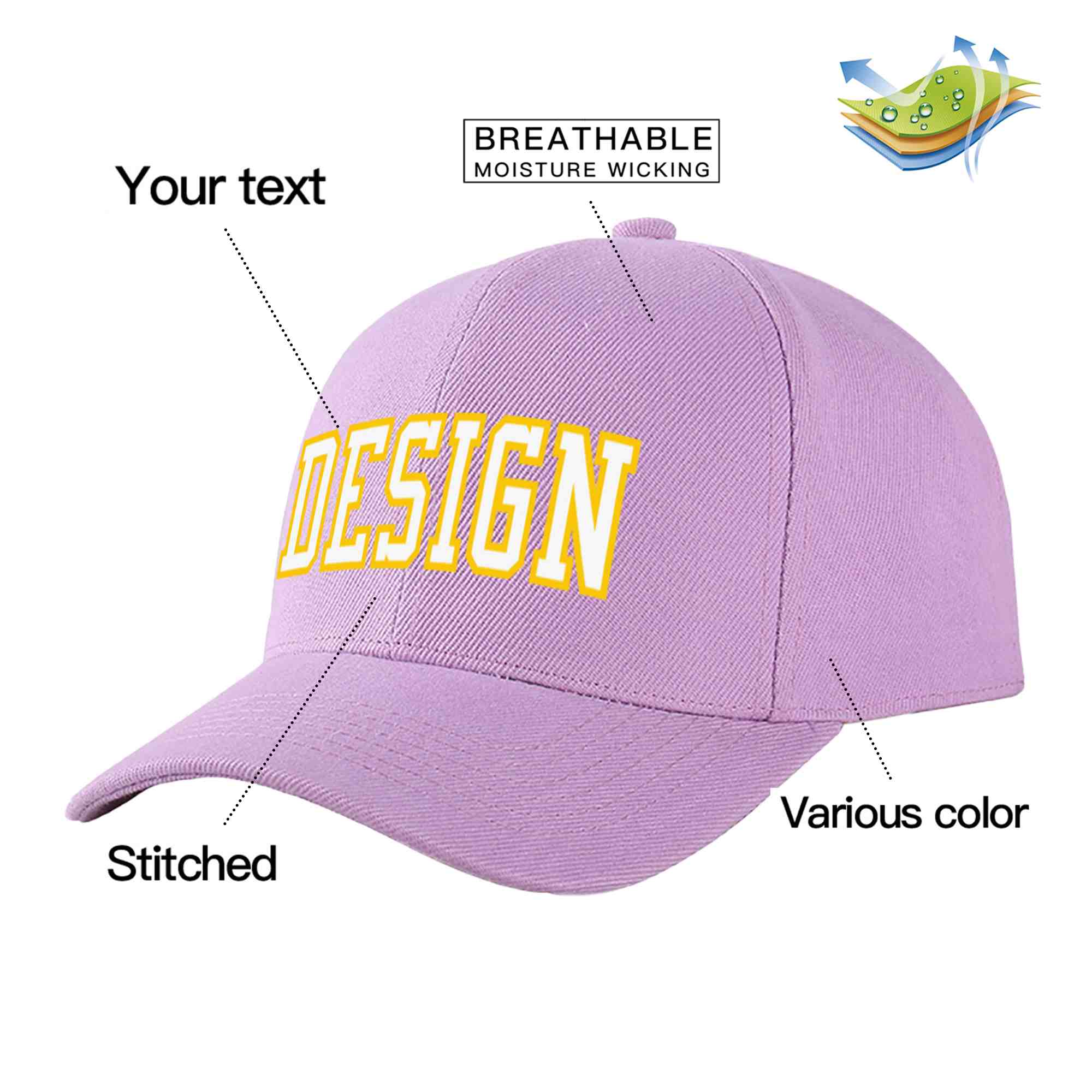 Custom Light Purple White-Gold Curved Eaves Sport Design Baseball Cap