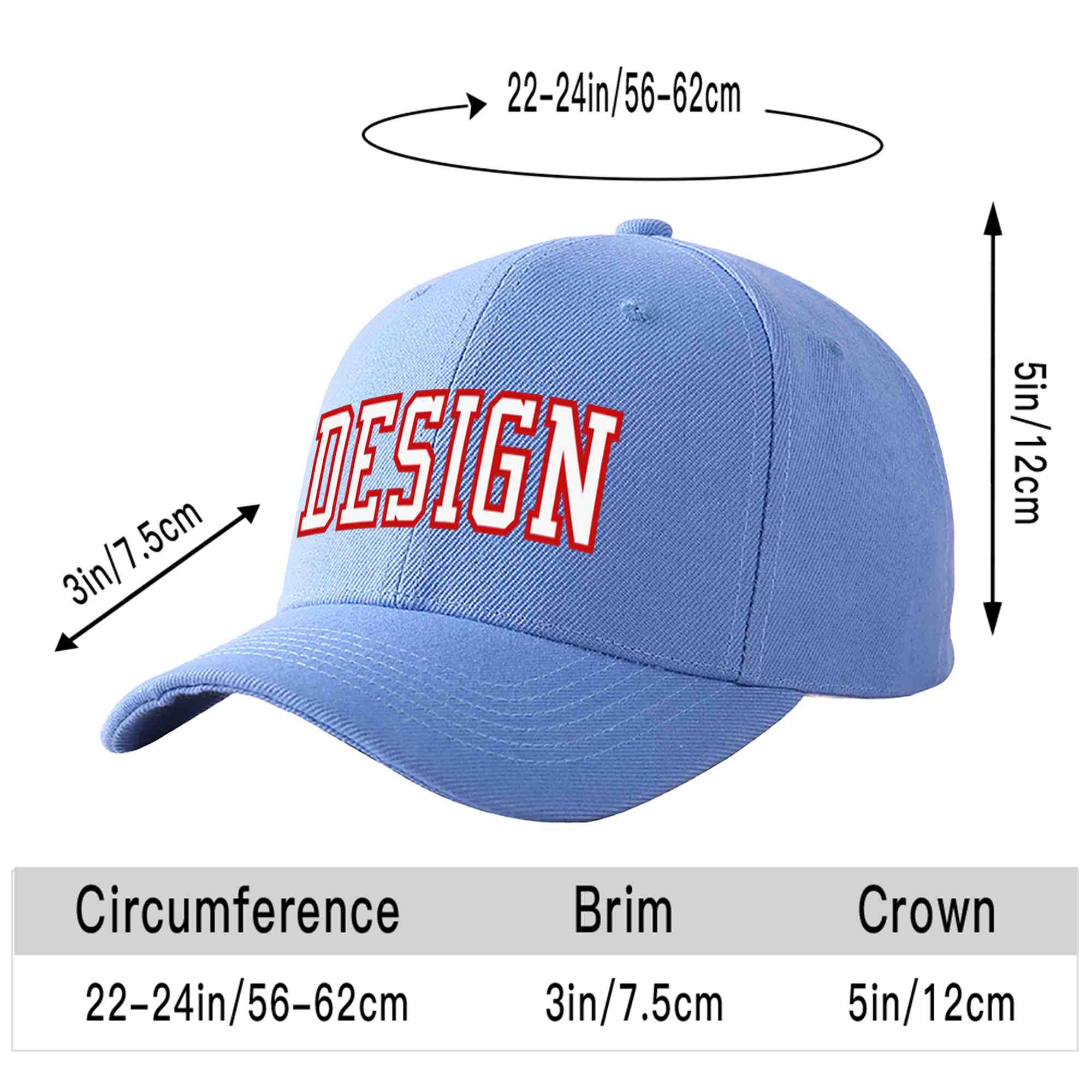 Custom Sky Blue White-Red Curved Eaves Sport Design Baseball Cap