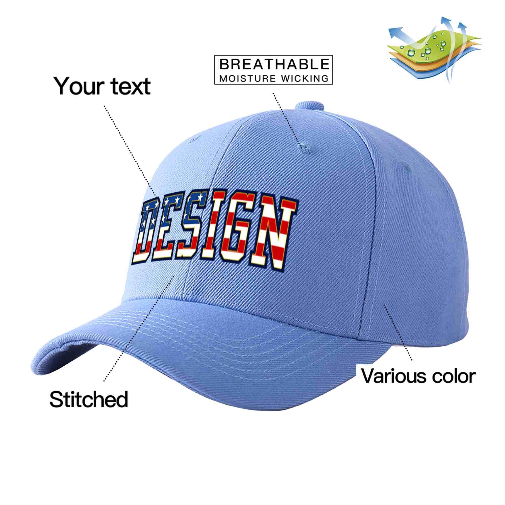 Casquette de baseball personnalisée, bleu ciel, drapeau américain Vintage, avant-toit incurvé doré, Design sportif