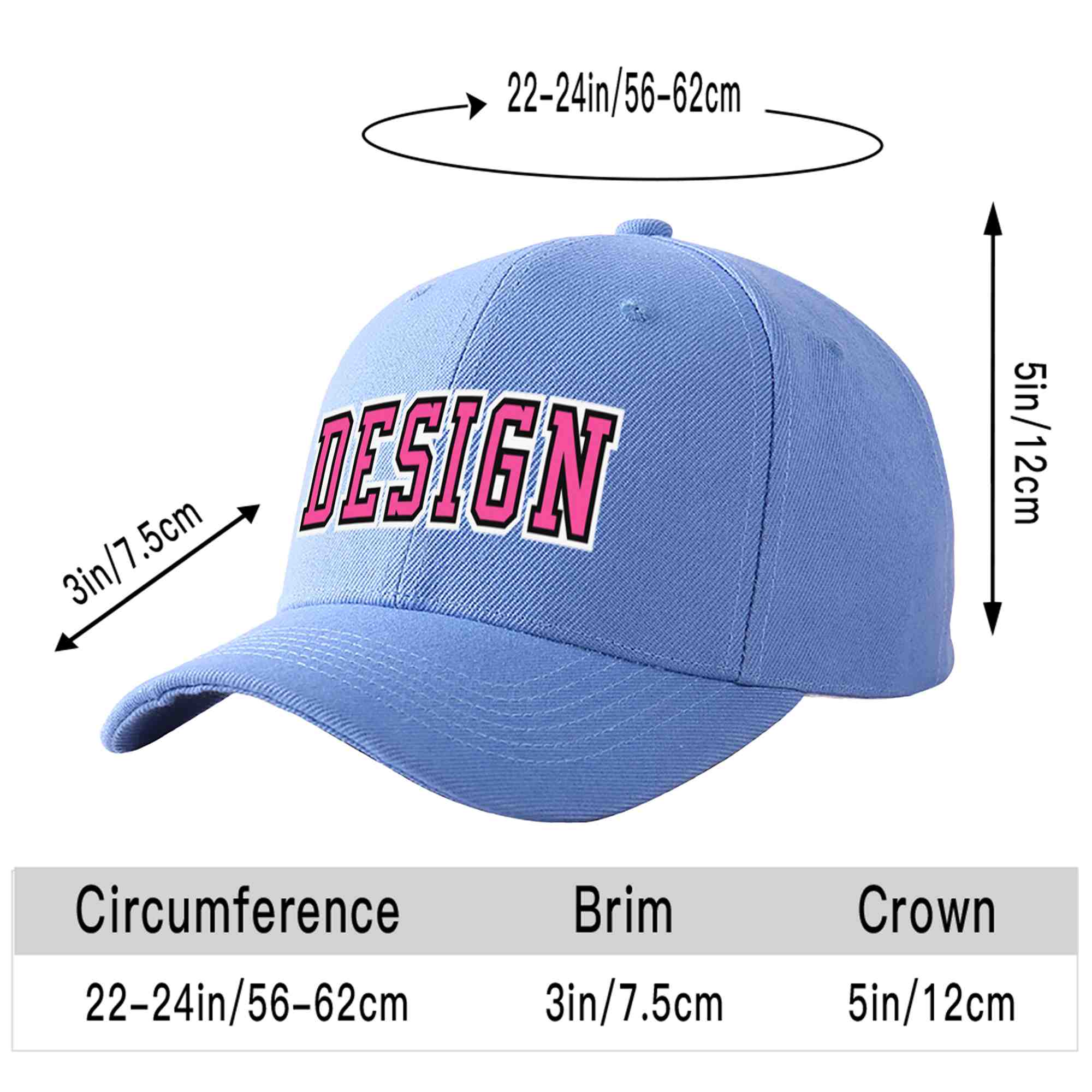 Custom Sky Blue Pink-Black Curved Eaves Sport Design Baseball Cap