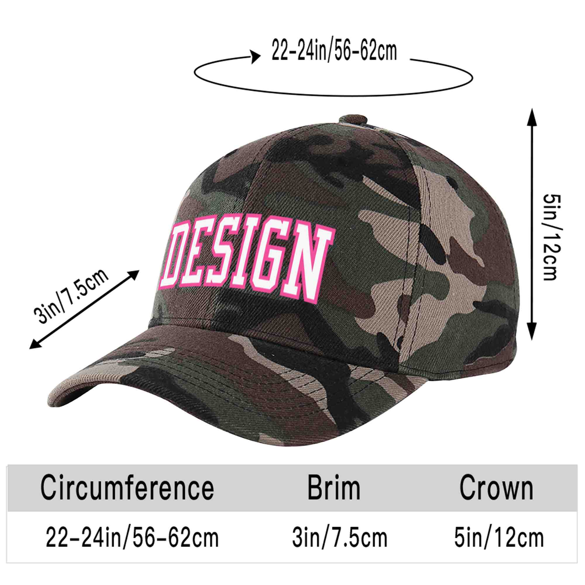 Casquette de baseball personnalisée camouflage blanc-rose avec avant-toit incurvé et design sportif