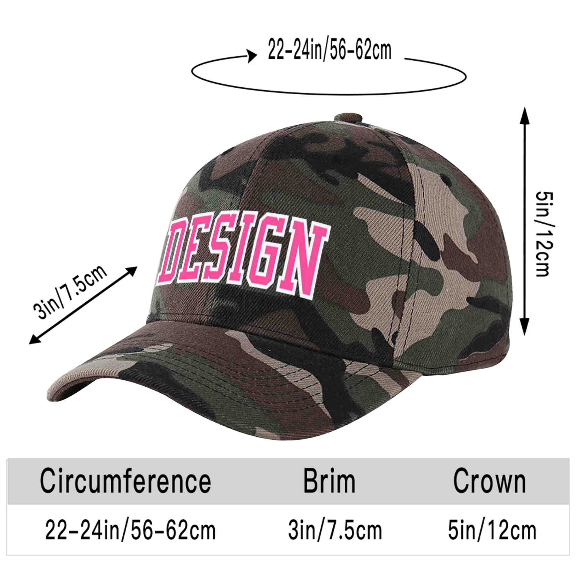 Casquette de baseball personnalisée camouflage rose-blanc avec avant-toit incurvé et design sportif