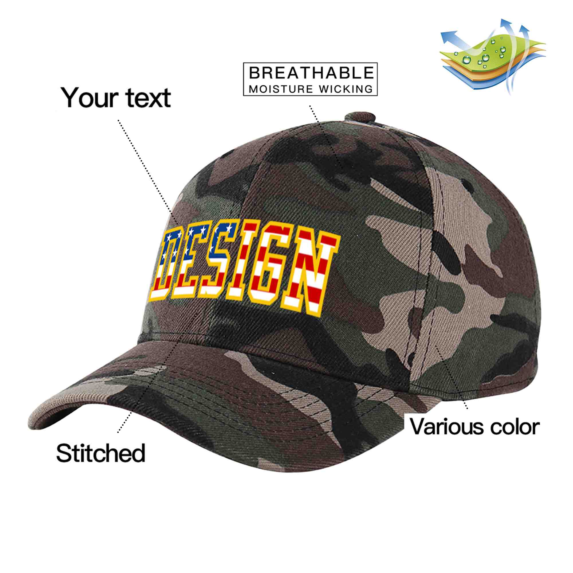 Casquette de baseball personnalisée avec motif camouflage vintage, drapeau américain, avant-toit incurvé doré, design sportif