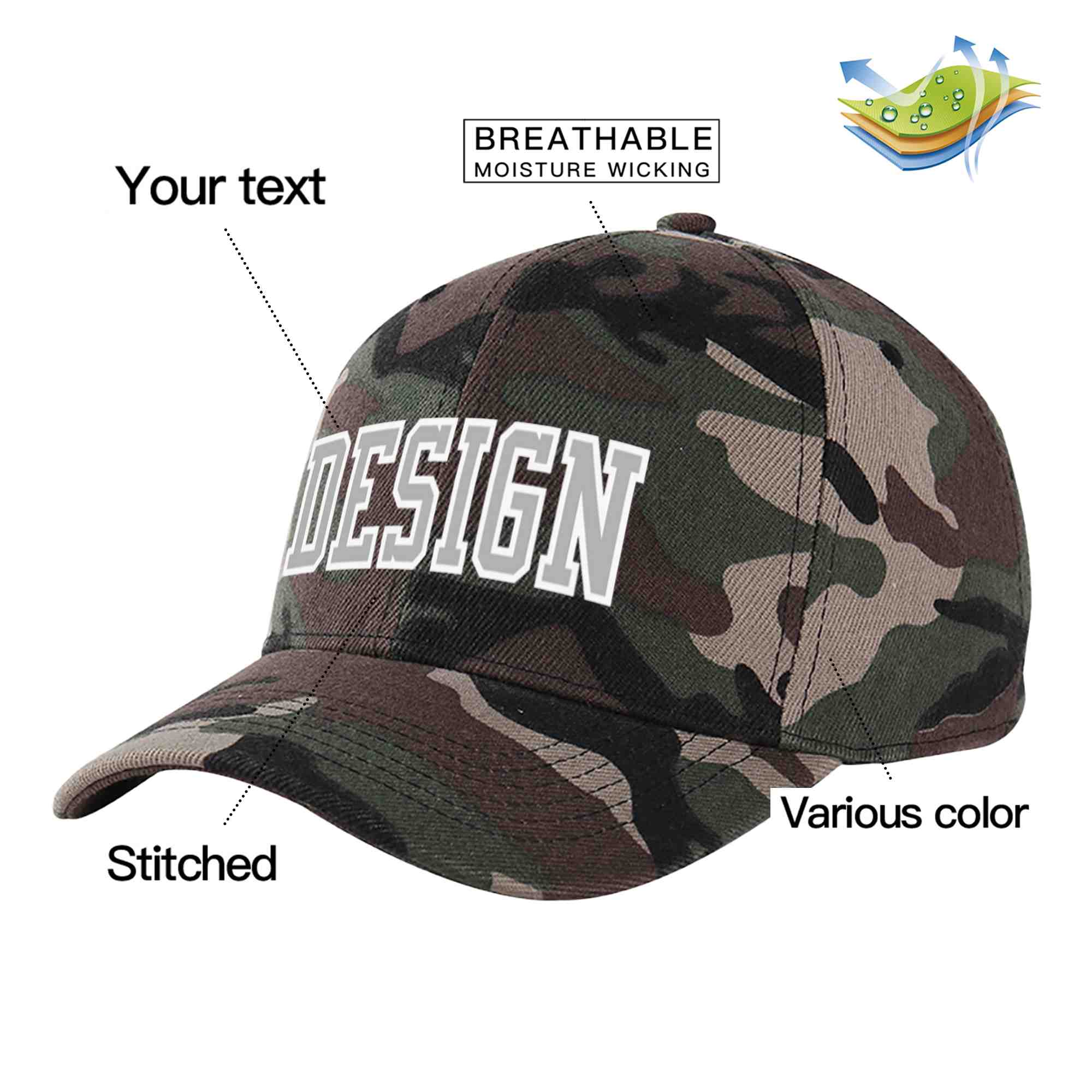 Custom Camo Gray-White Curved Eaves Sport Design Baseball Cap