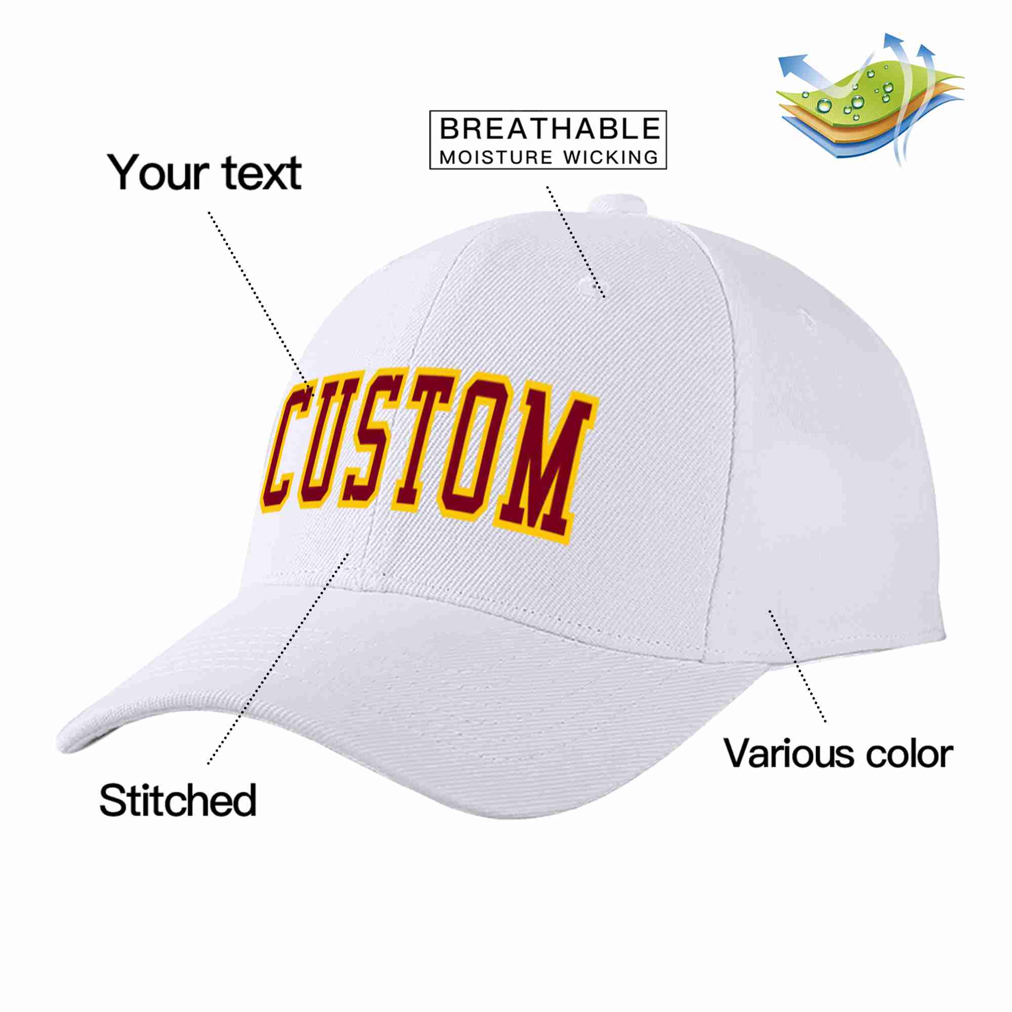 Conception personnalisée de casquette de baseball de sport incurvée blanc cramoisi-jaune pour hommes/femmes/jeunes