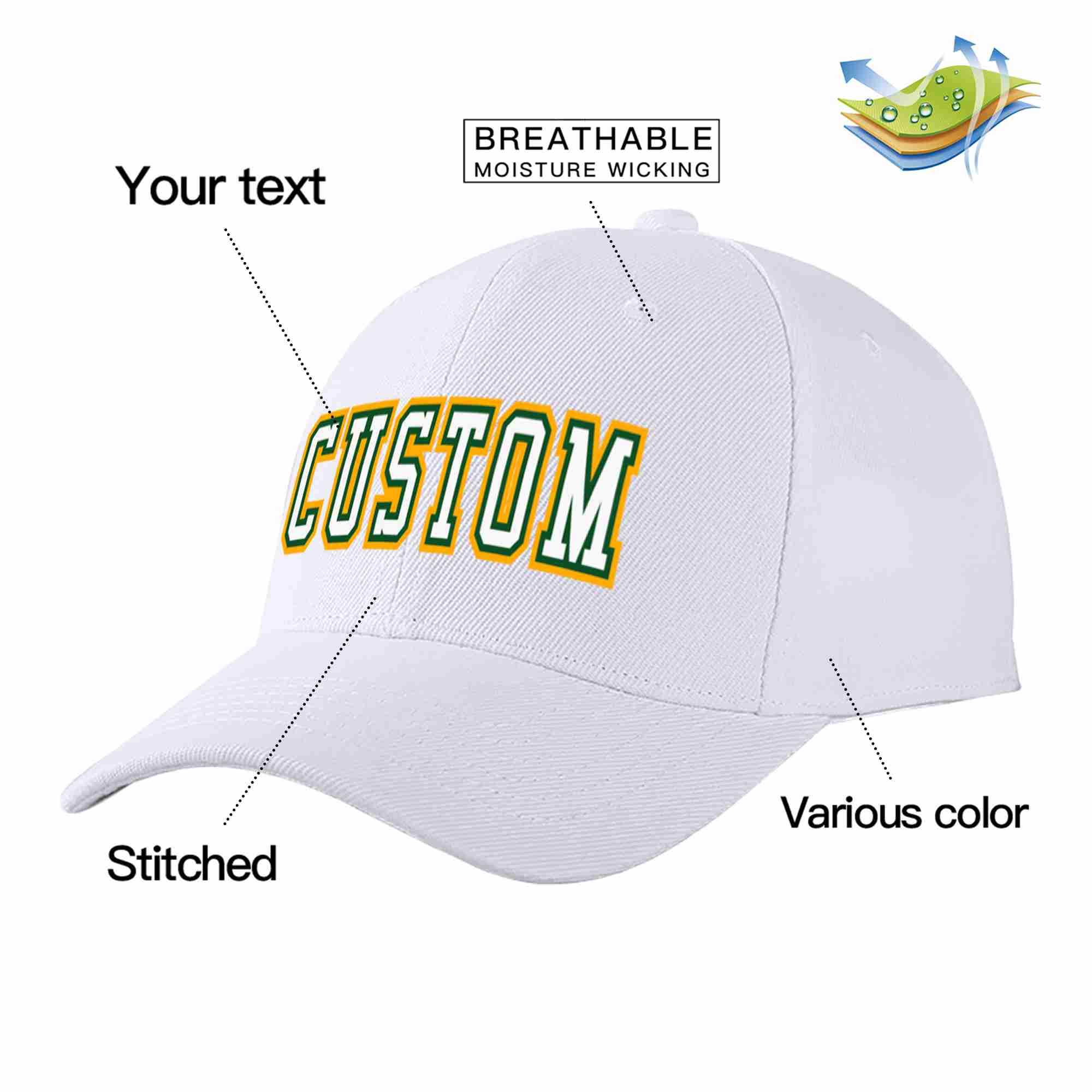 Conception personnalisée de casquette de baseball de sport incurvée blanc-vert Kelly pour hommes/femmes/jeunes