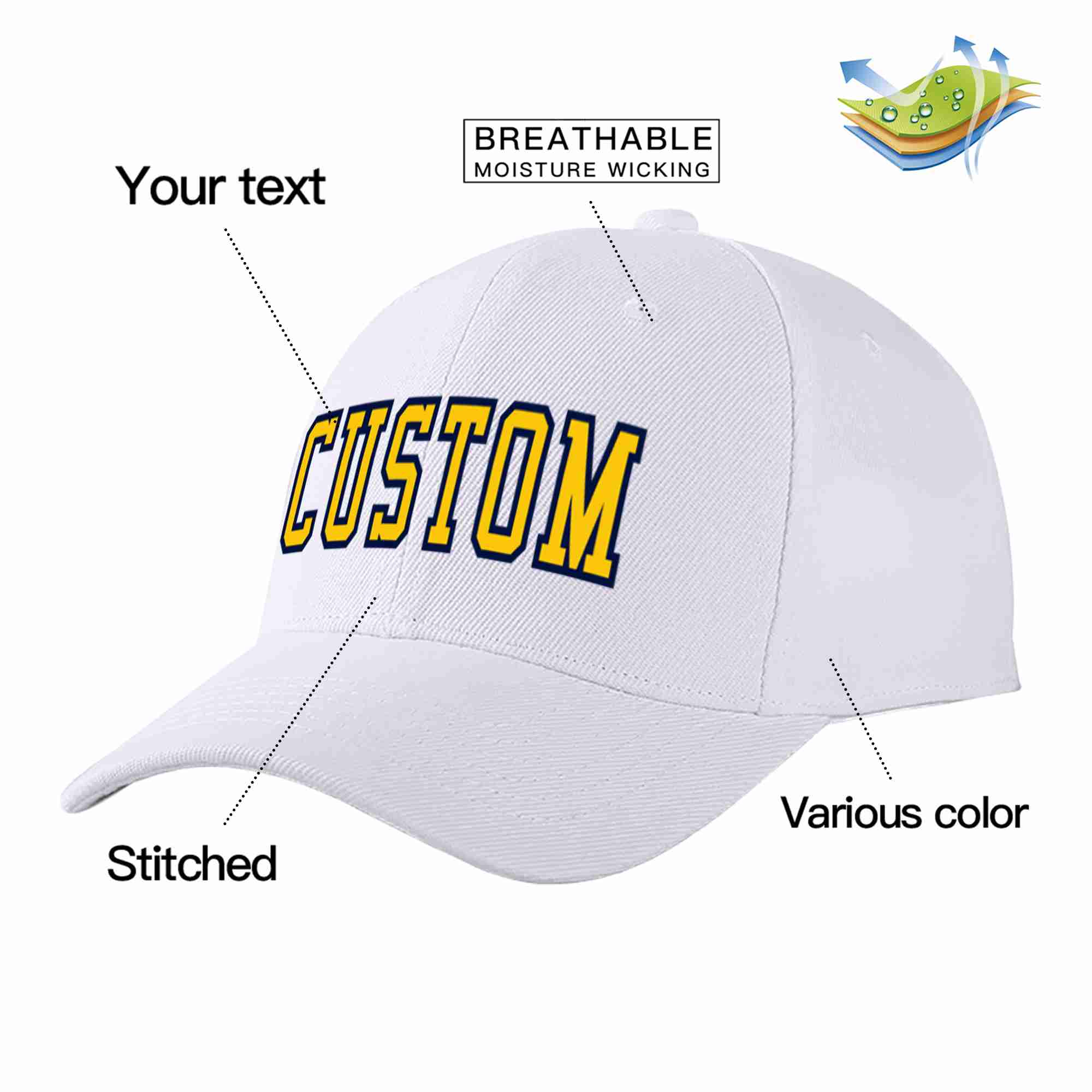 Conception personnalisée de casquette de baseball de sport incurvée blanc jaune-marine pour hommes/femmes/jeunes