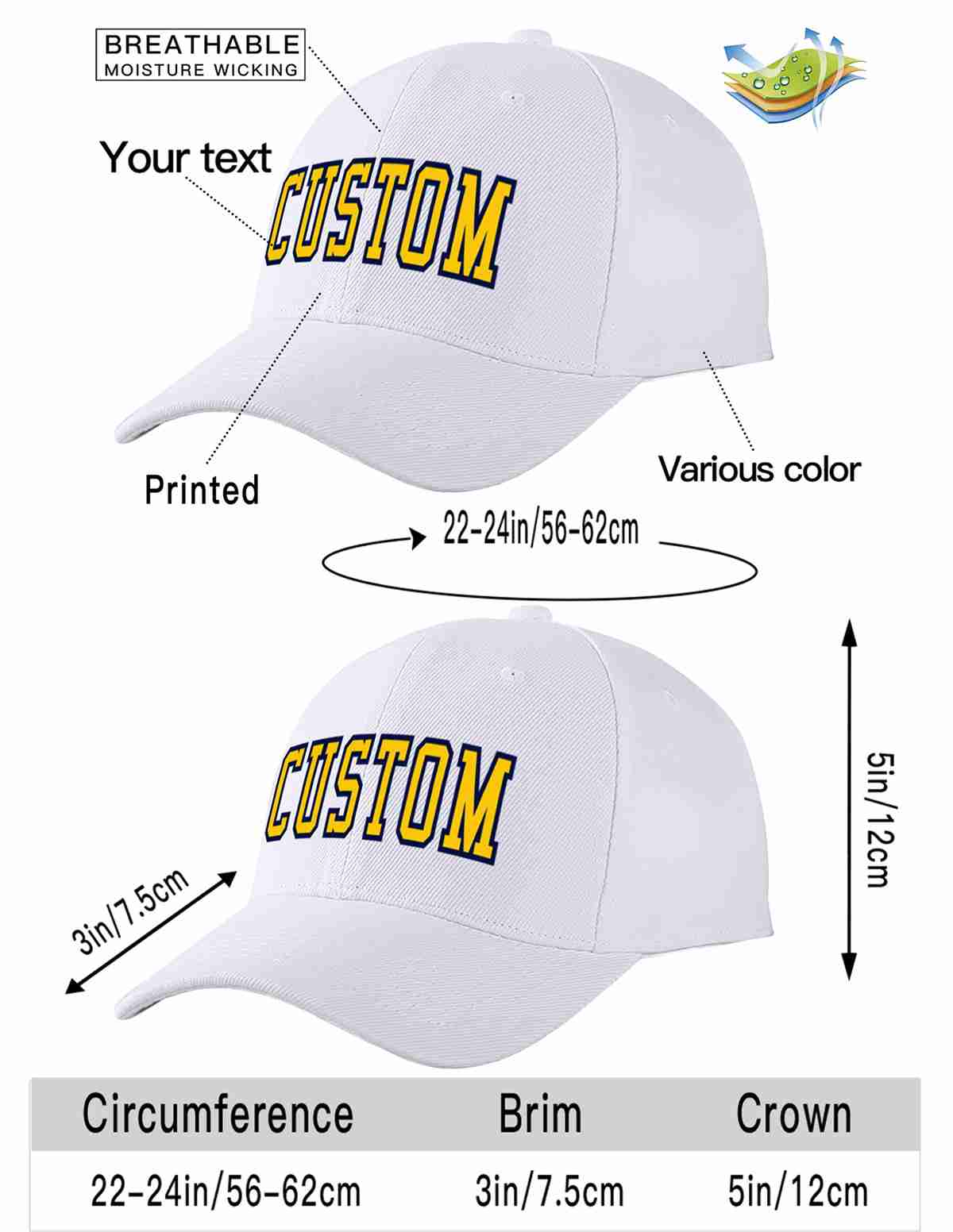 Conception personnalisée de casquette de baseball de sport incurvée blanc jaune-marine pour hommes/femmes/jeunes