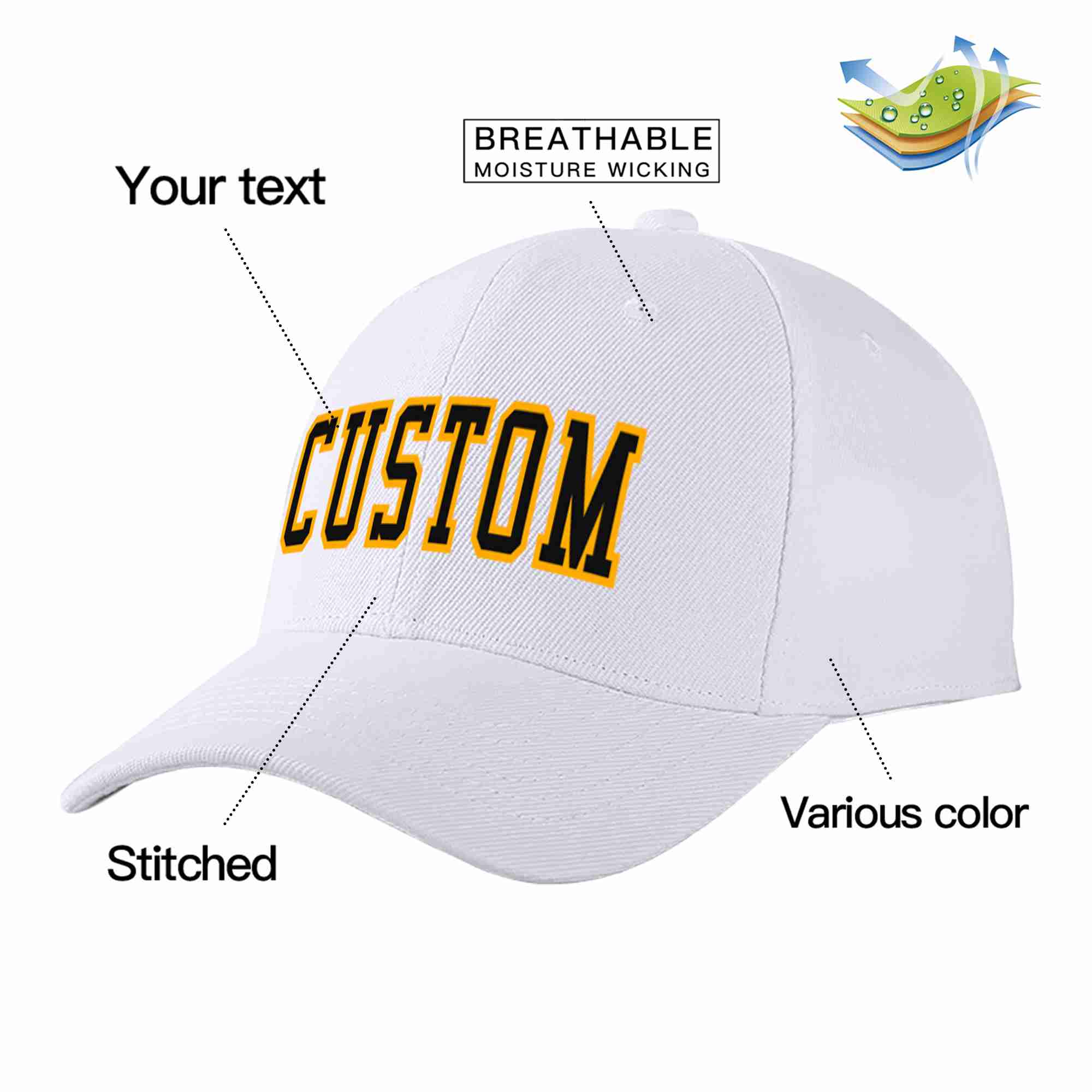 Conception personnalisée de casquette de baseball de sport incurvée blanc noir-jaune pour hommes/femmes/jeunes