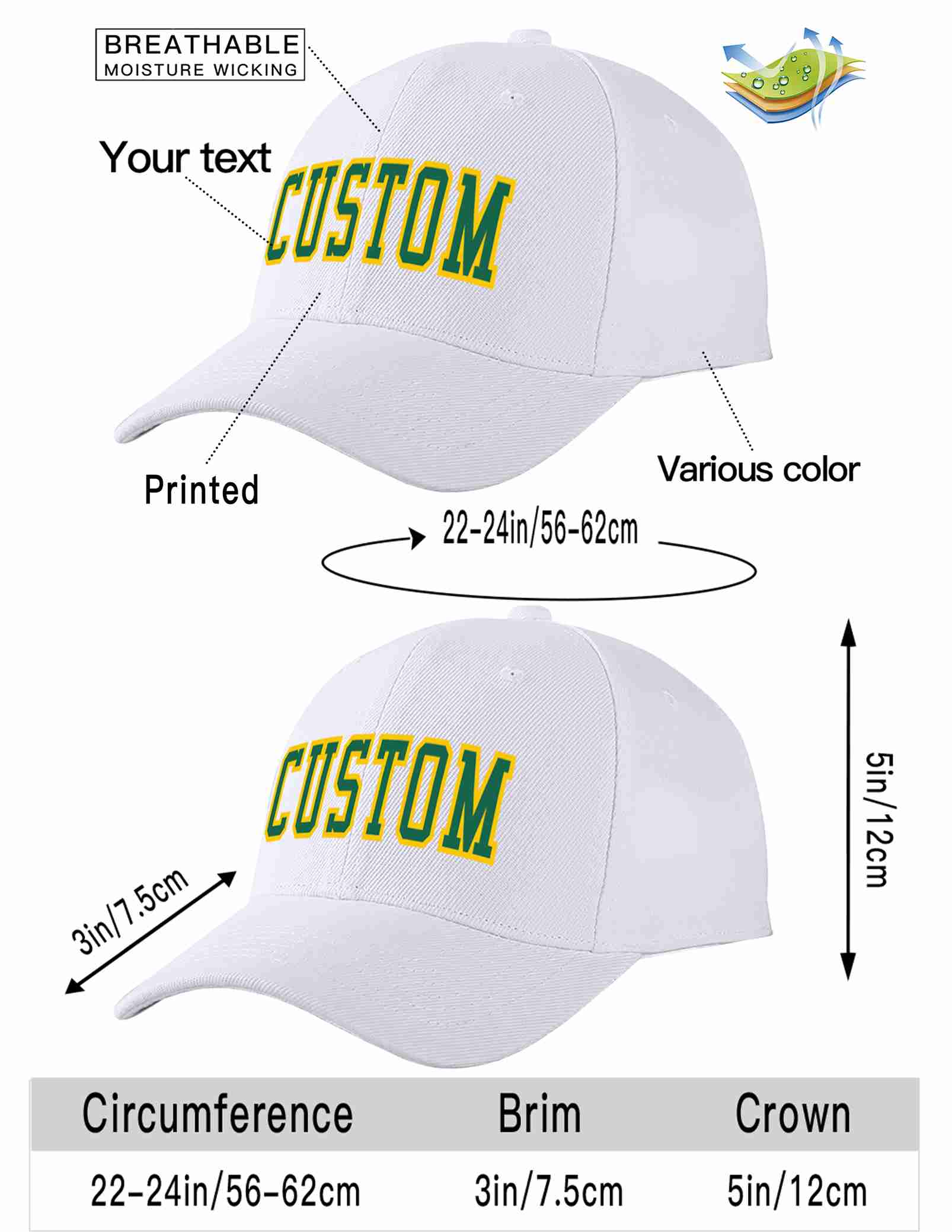 Custom White Kelly Green-Yellow Curved Eaves Sport Baseball Cap Design for Men/Women/Youth