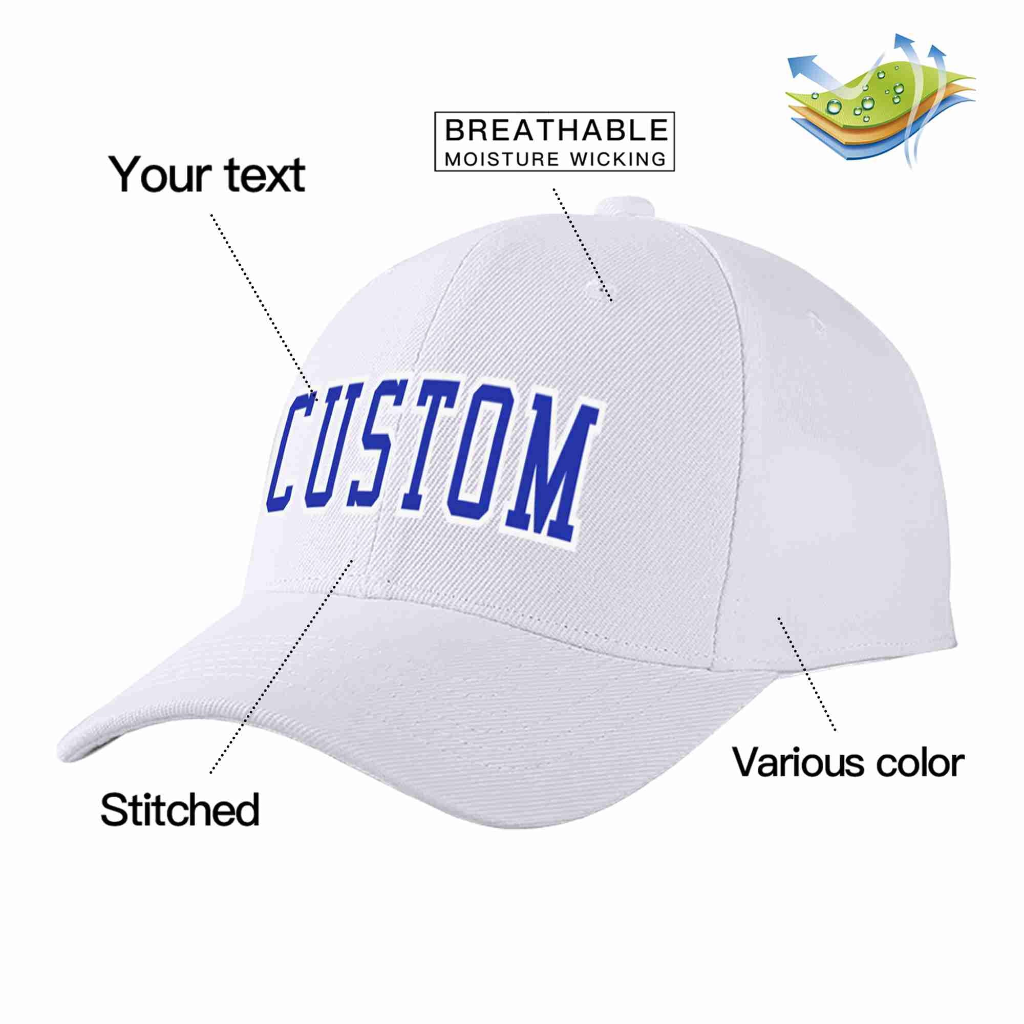 Conception personnalisée de casquette de baseball de sport incurvée blanc royal-blanc pour hommes/femmes/jeunes