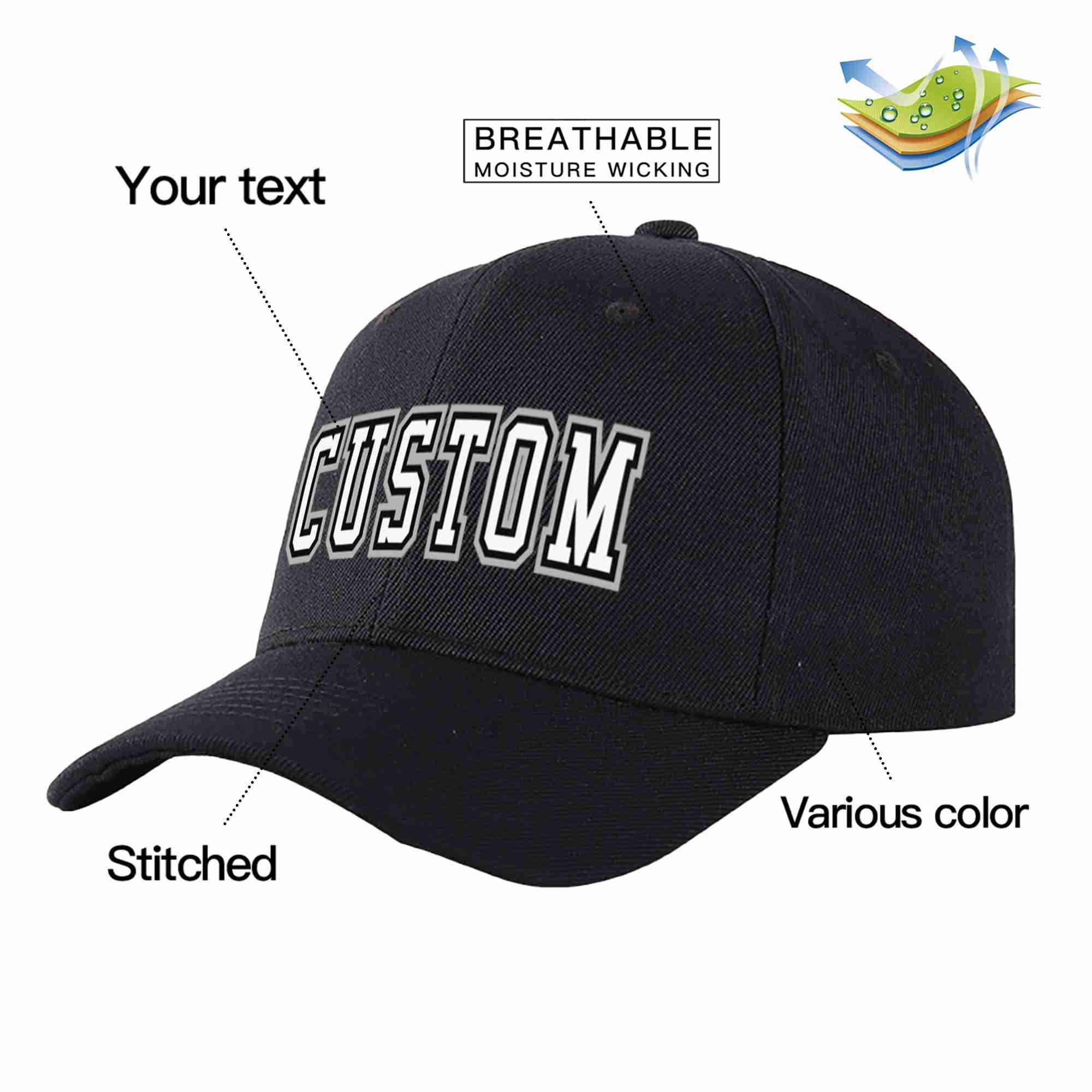 Custom Black White-Black Curved Eaves Sport Baseball Cap Design for Men/Women/Youth