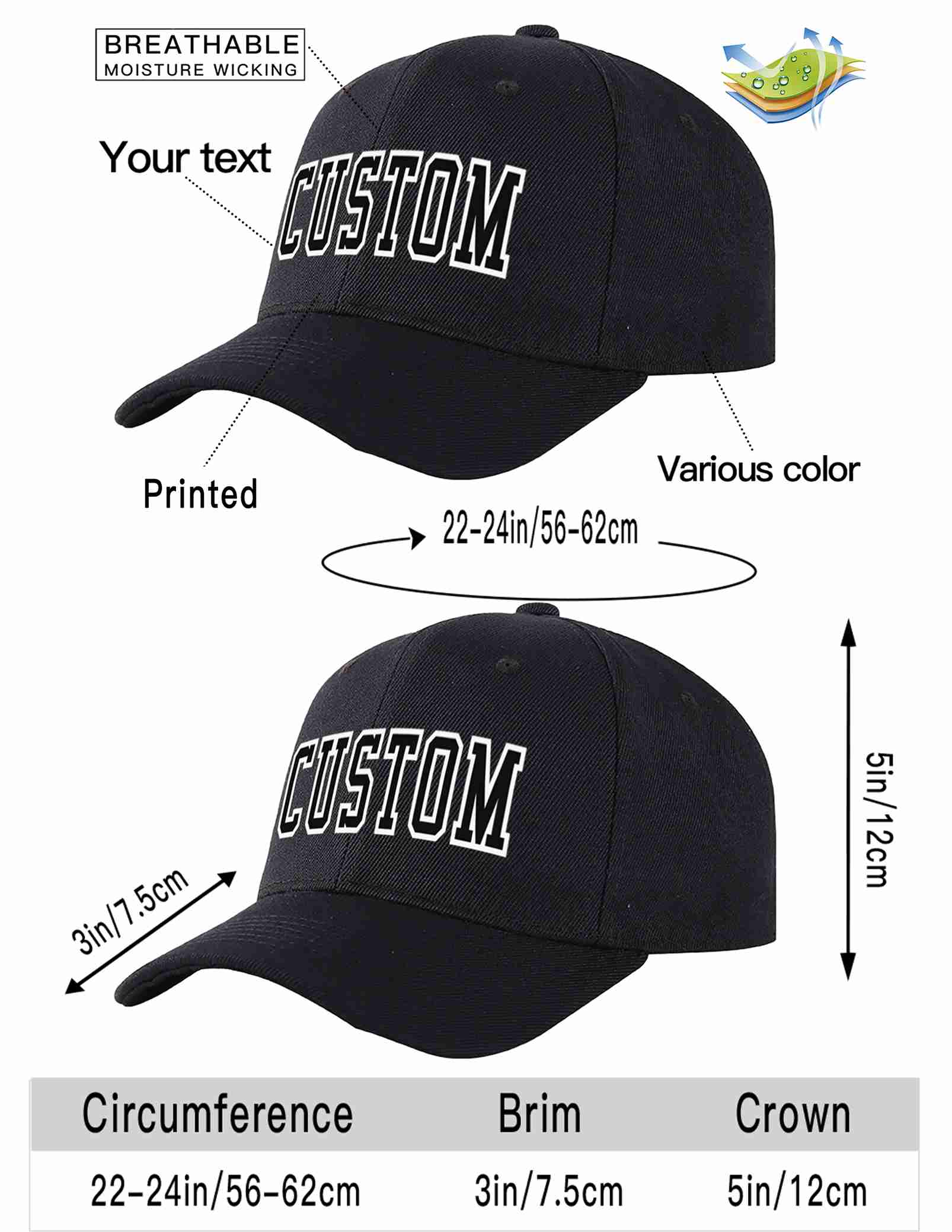 Custom Black Black-White Curved Eaves Sport Baseball Cap Design for Men/Women/Youth