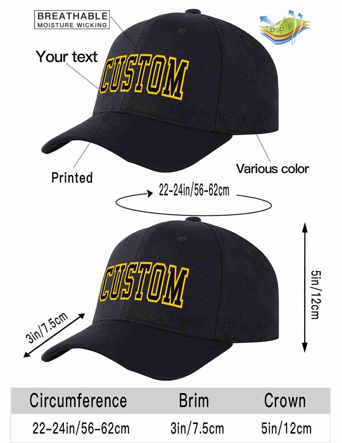 Custom Black Black-Gold Curved Eaves Sport Baseball Cap Design for Men/Women/Youth