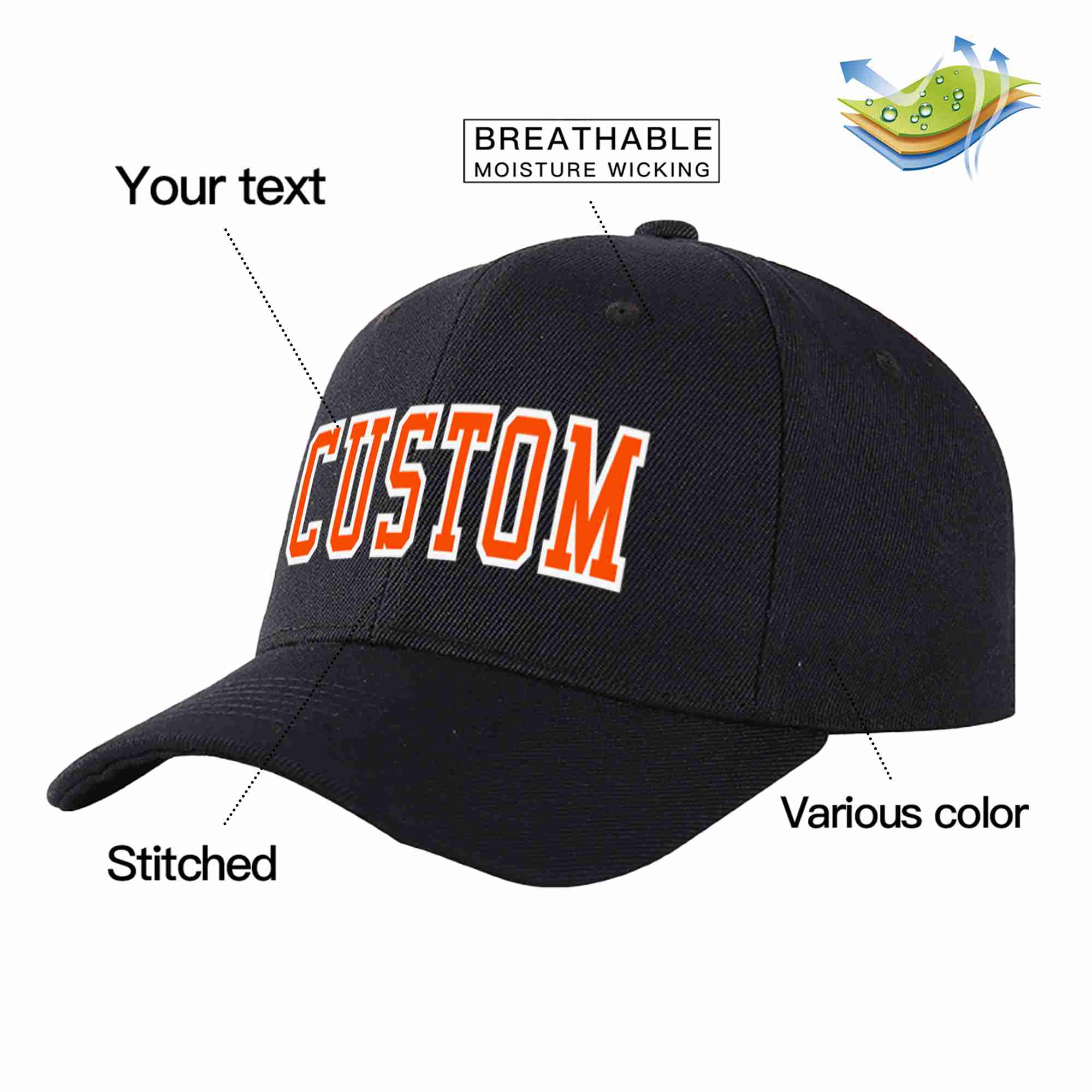 Custom Black Orange-White Curved Eaves Sport Baseball Cap Design for Men/Women/Youth