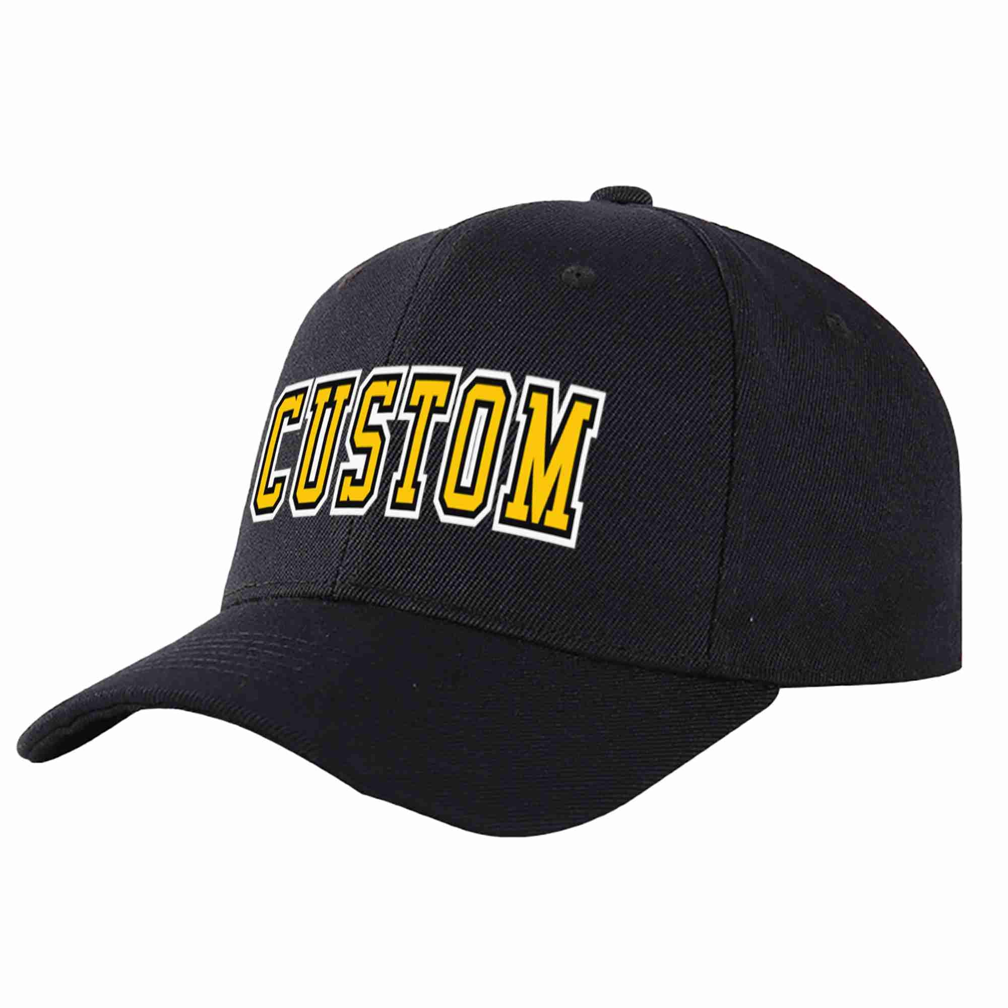 Conception personnalisée de casquette de baseball de sport incurvée noir or-noir pour hommes/femmes/jeunes