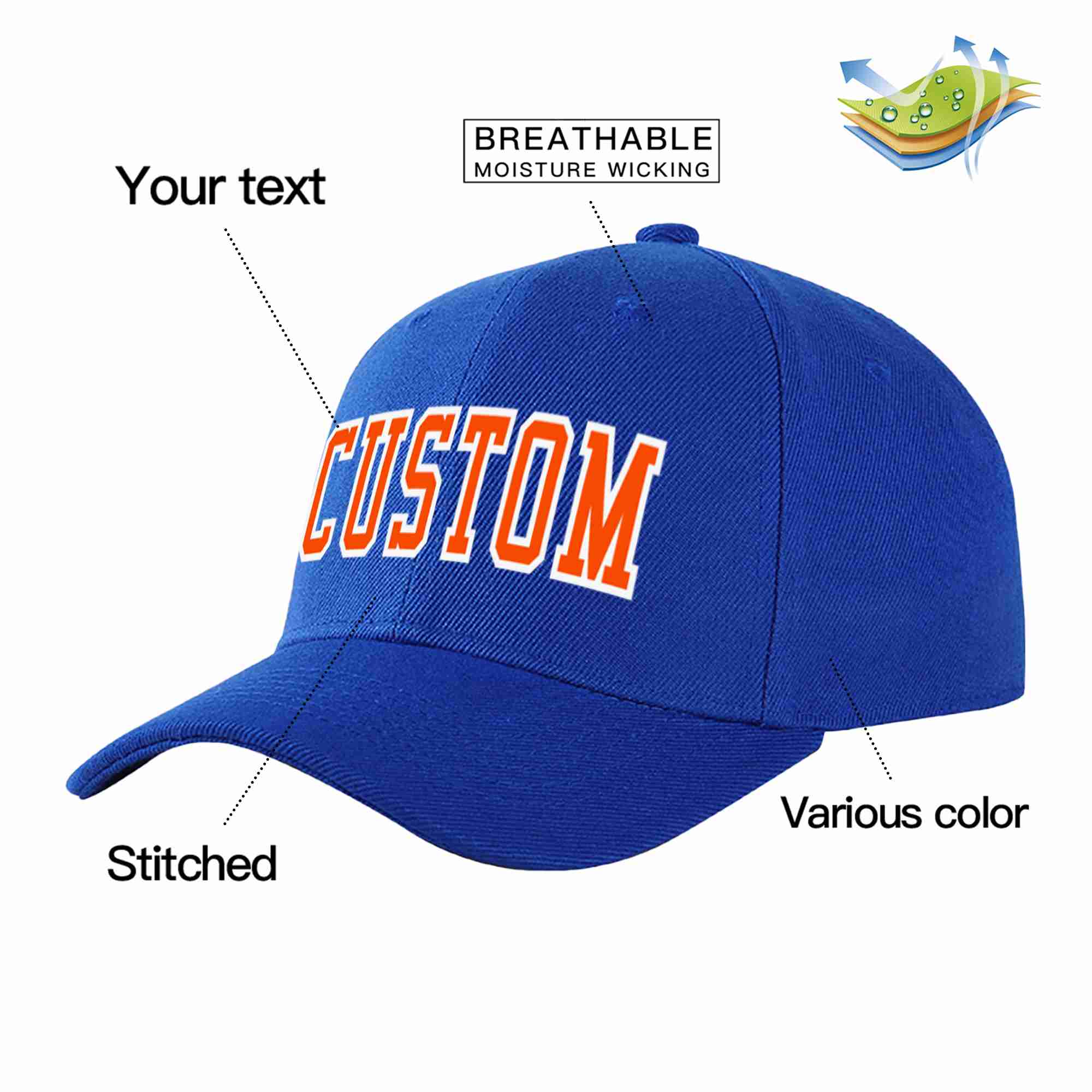 Conception personnalisée de casquette de baseball de sport incurvée orange-blanc royal pour hommes/femmes/jeunes