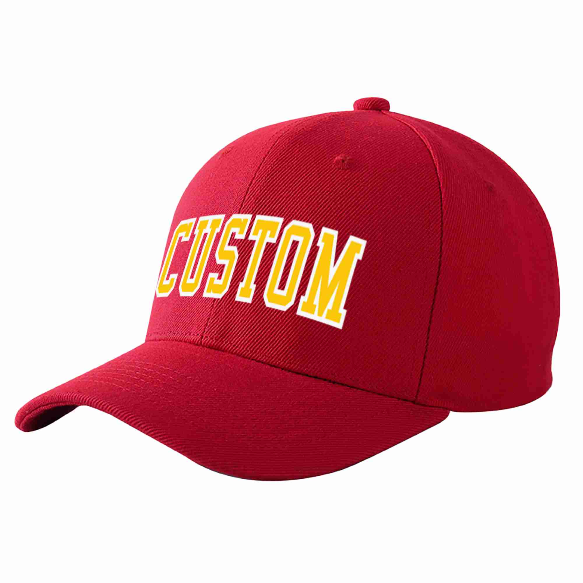 Conception personnalisée de casquette de baseball de sport courbée rouge or-blanc pour hommes/femmes/jeunes