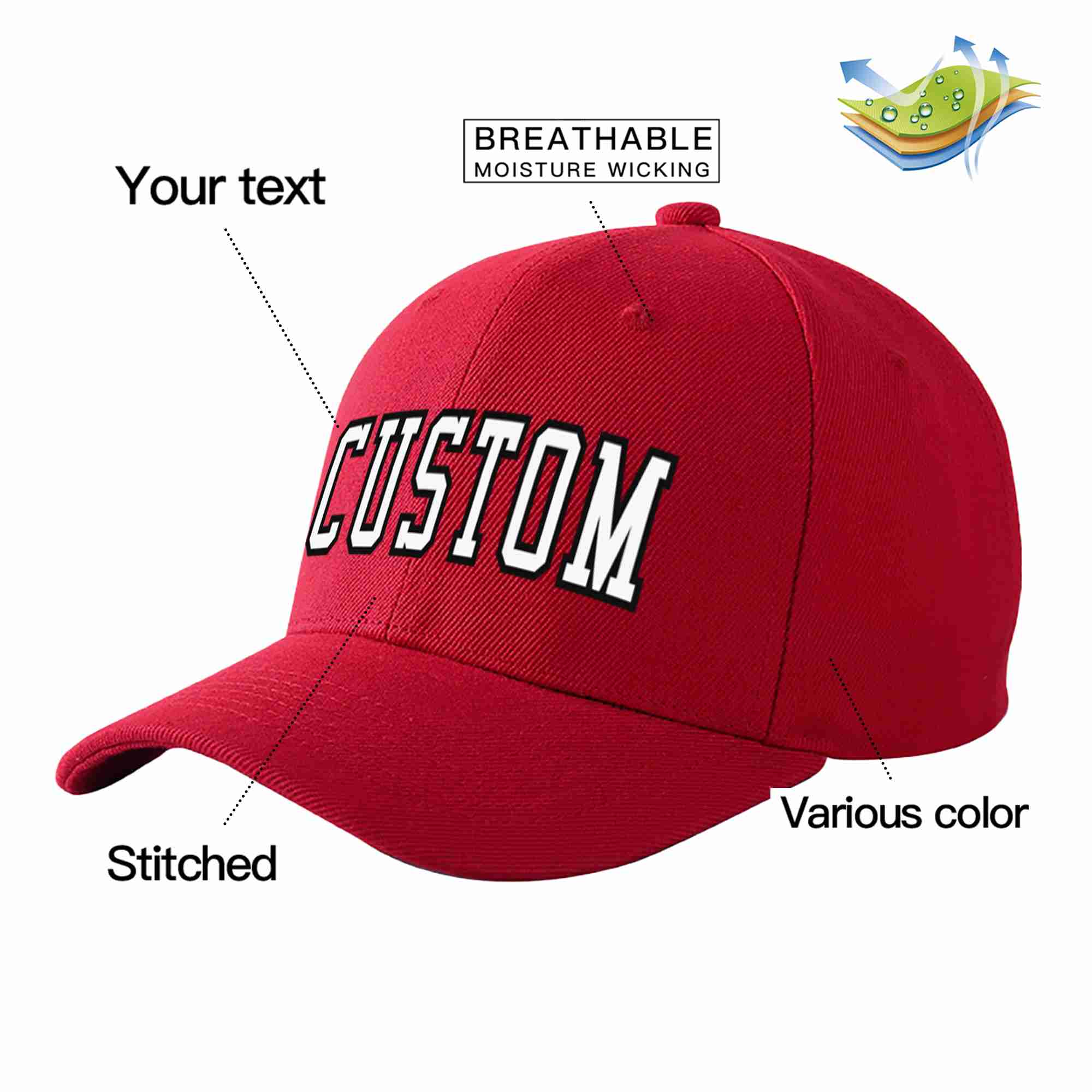 Conception personnalisée de casquette de baseball de sport incurvée rouge blanc-noir pour hommes/femmes/jeunes