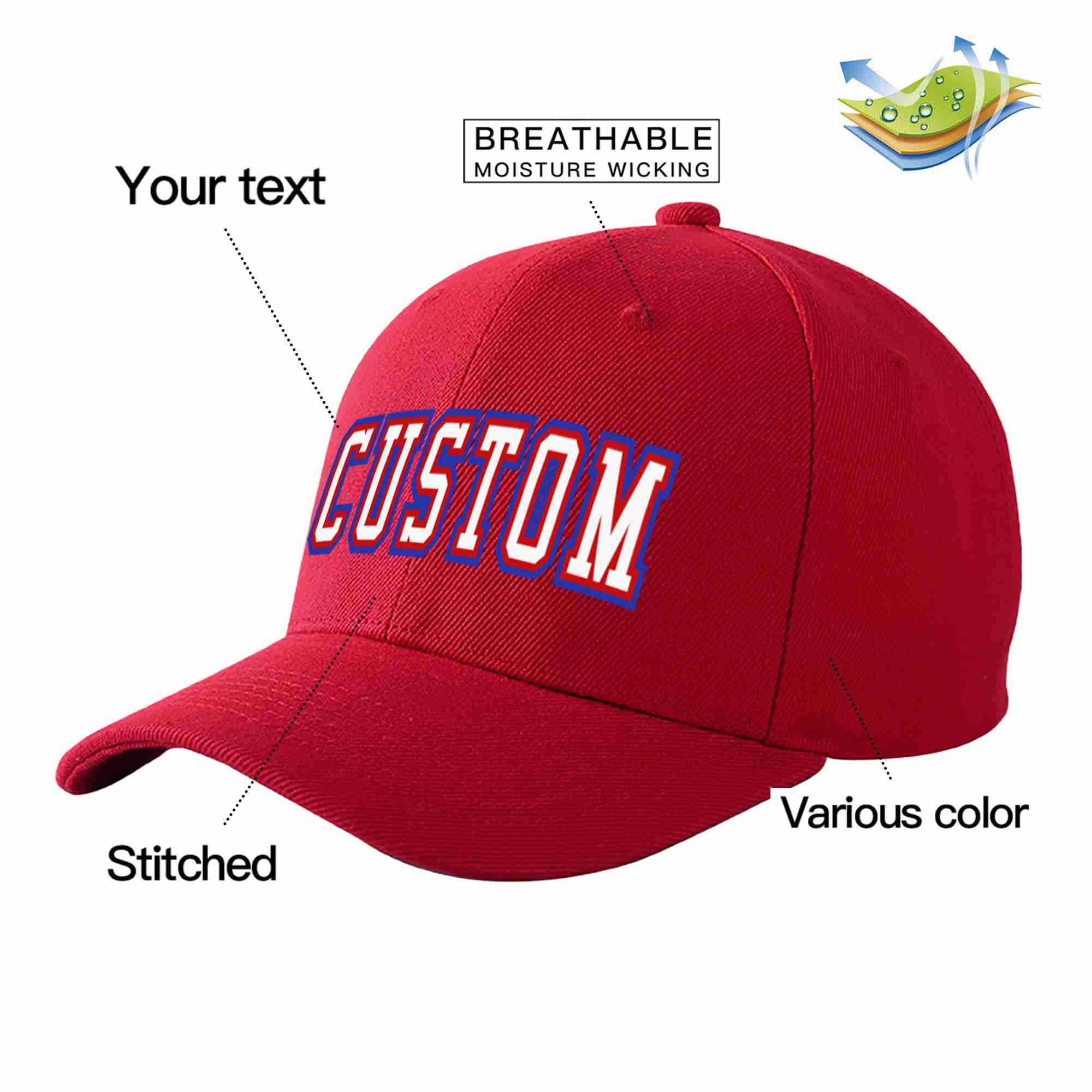 Conception personnalisée de casquette de baseball de sport incurvée rouge blanc-rouge pour hommes/femmes/jeunes