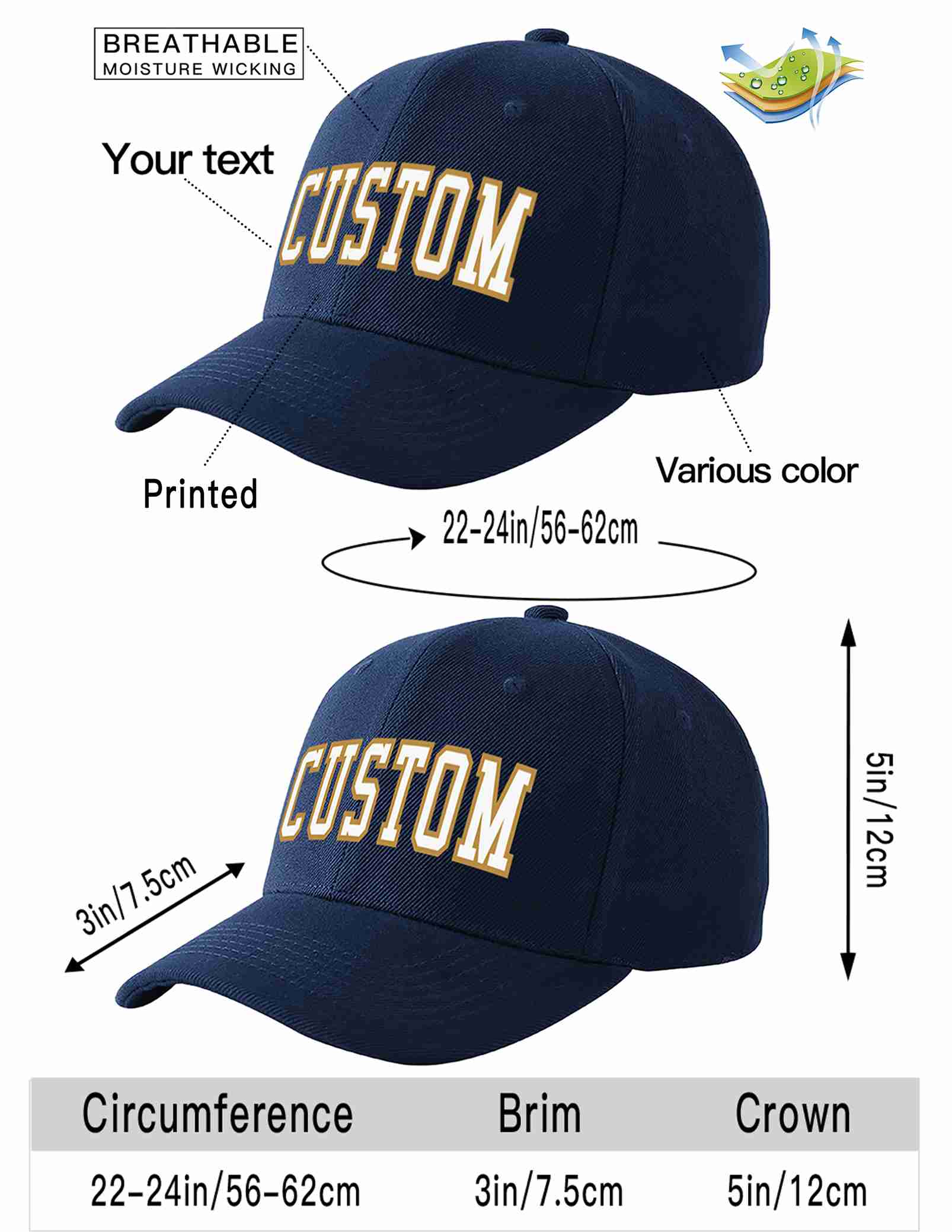 Custom Navy White-Old Gold Curved Eaves Sport Baseball Cap Design for Men/Women/Youth