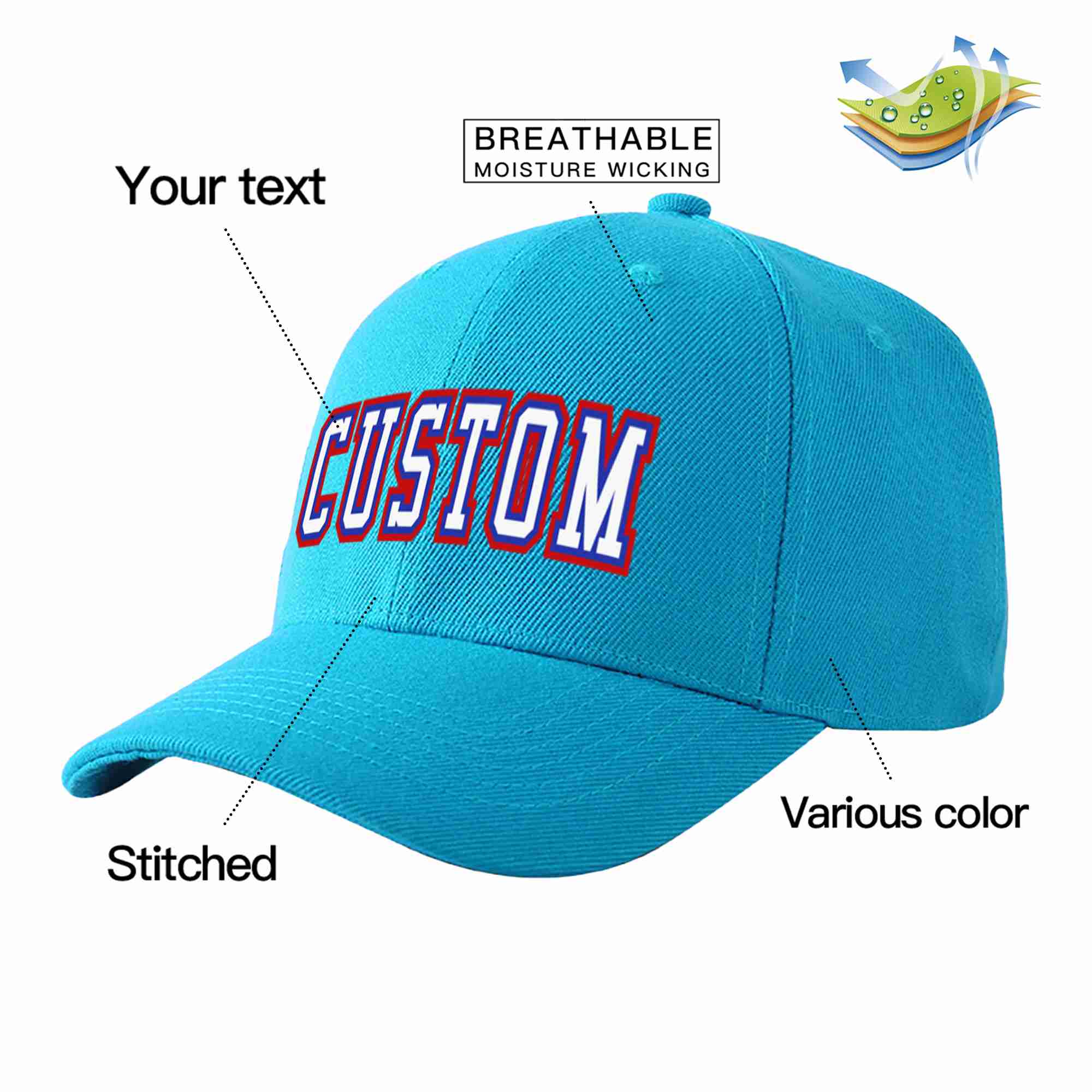 Casquette de baseball personnalisée Aqua White-Royal Curved Eaves Sport pour hommes/femmes/jeunes