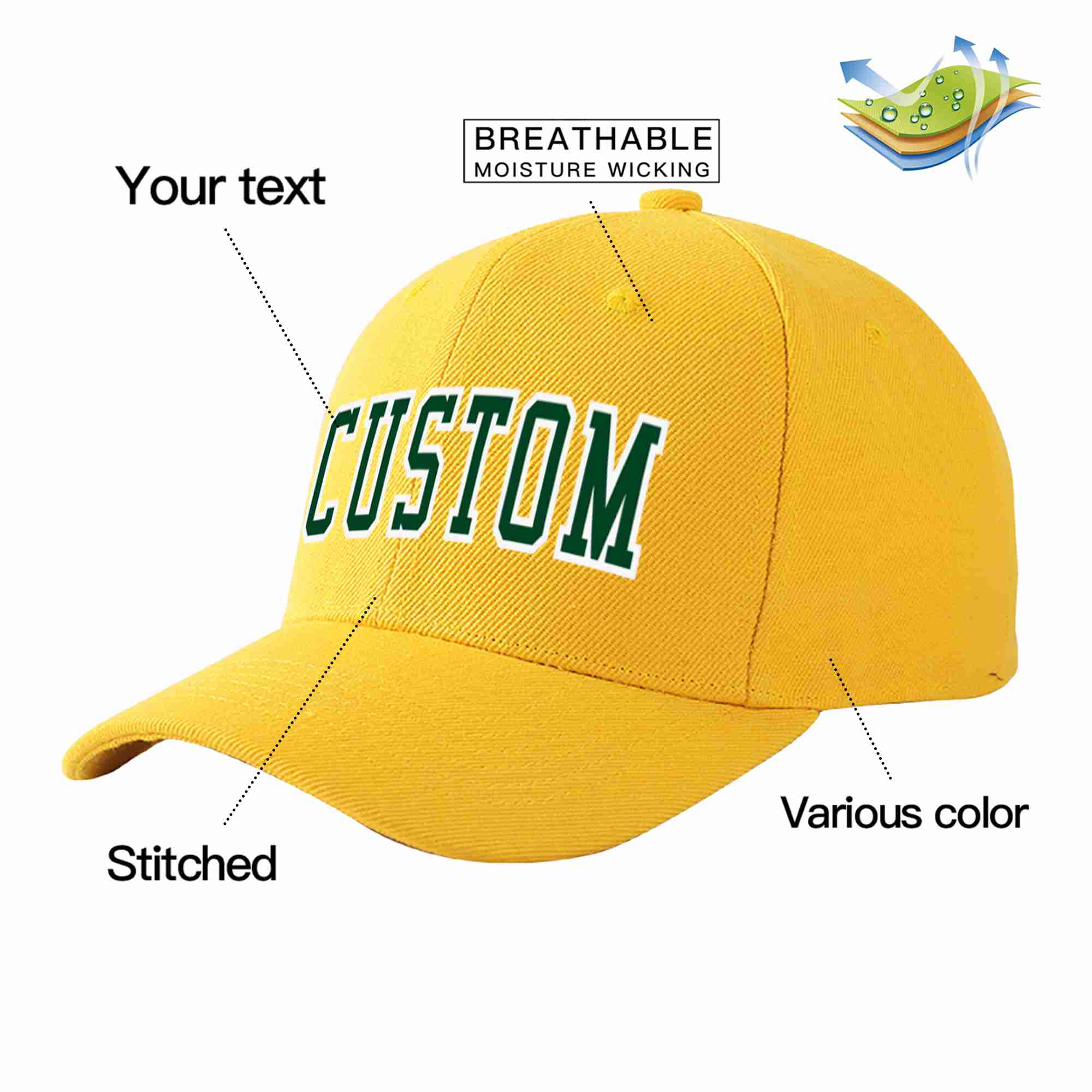 Conception personnalisée de casquette de baseball de sport courbée en or vert-blanc pour hommes/femmes/jeunes