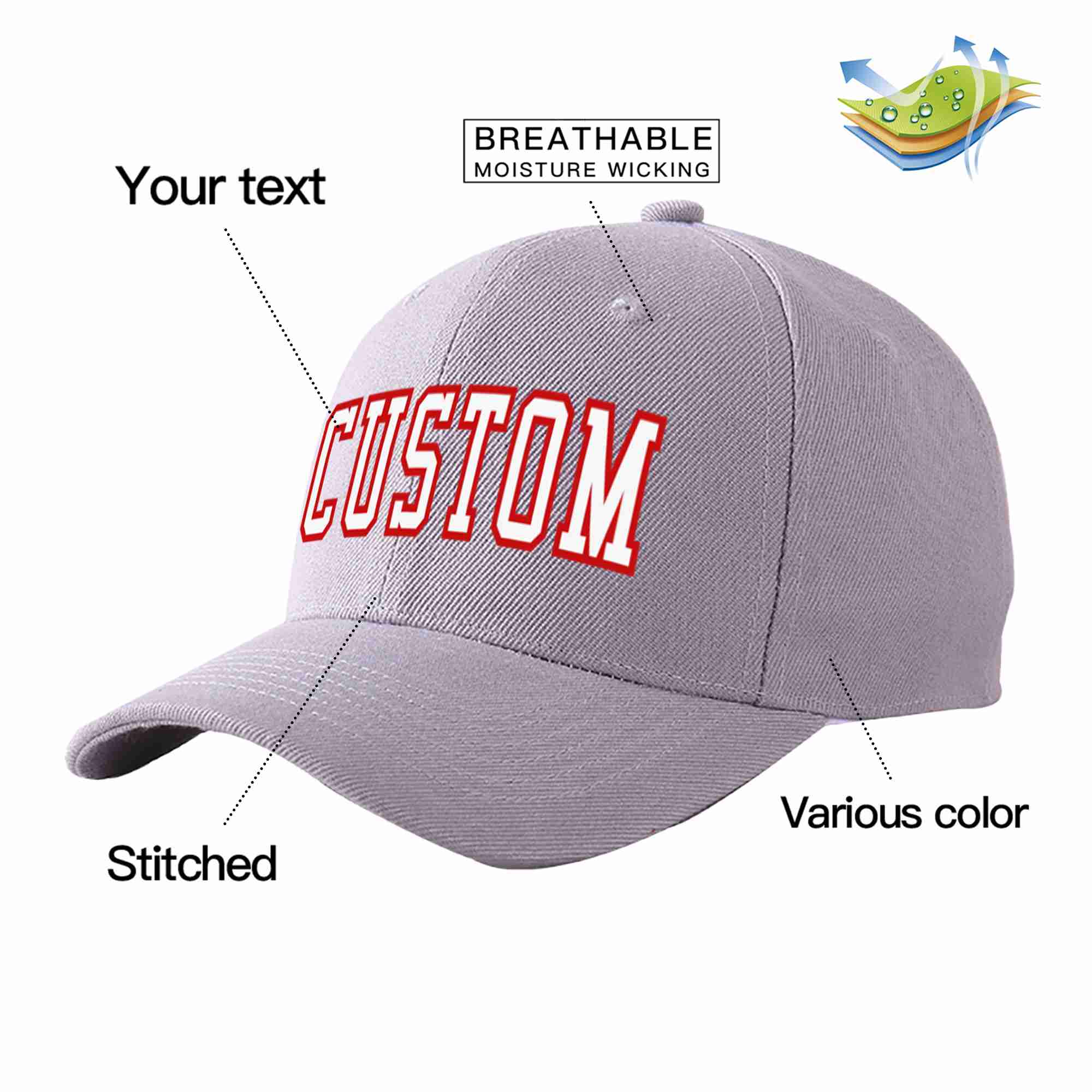 Custom Gray White-Red Curved Eaves Sport Baseball Cap Design for Men/Women/Youth