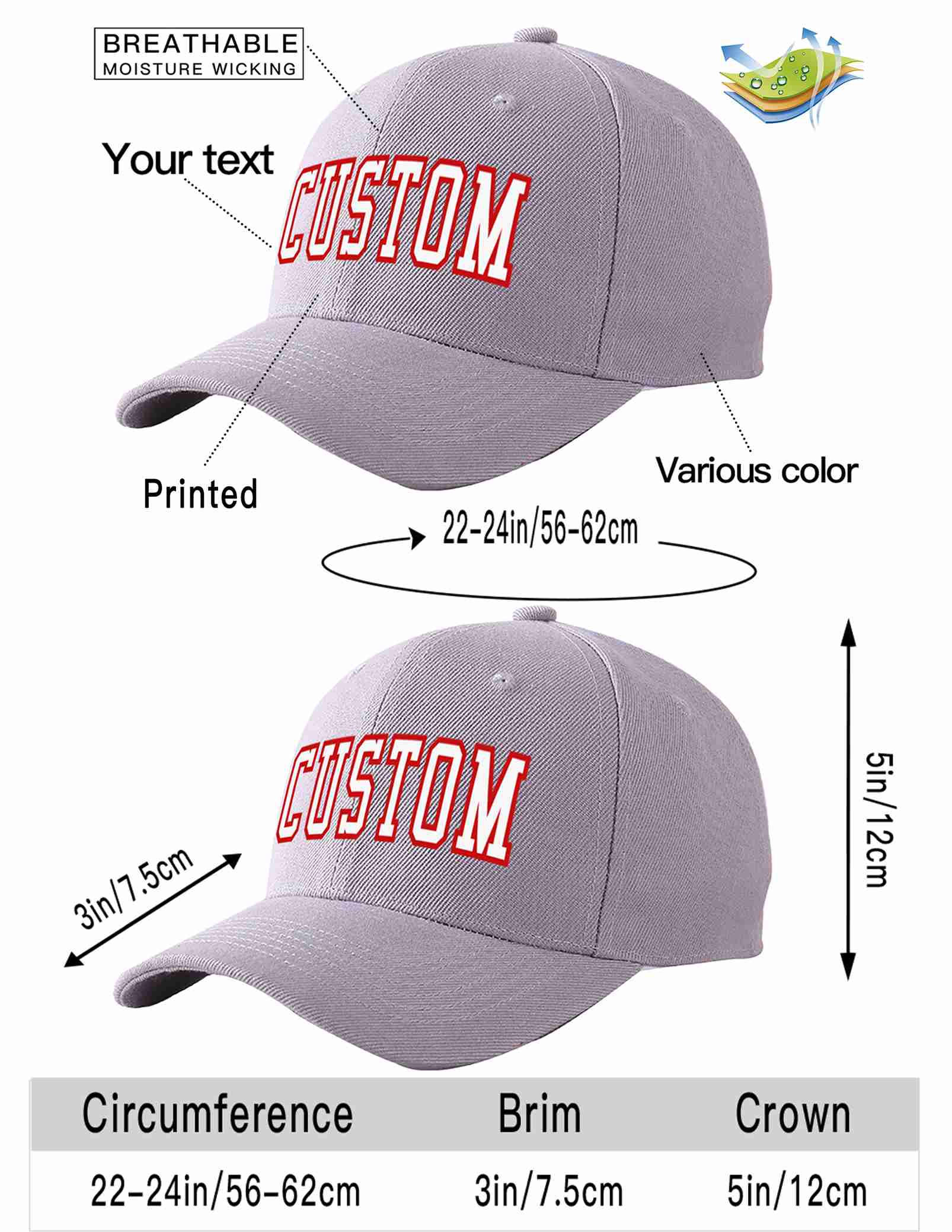 Conception personnalisée de casquette de baseball de sport incurvée gris blanc-rouge pour hommes/femmes/jeunes