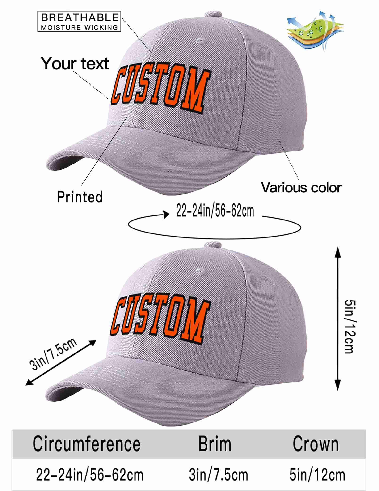 Custom Gray Orange-Black Curved Eaves Sport Baseball Cap Design for Men/Women/Youth